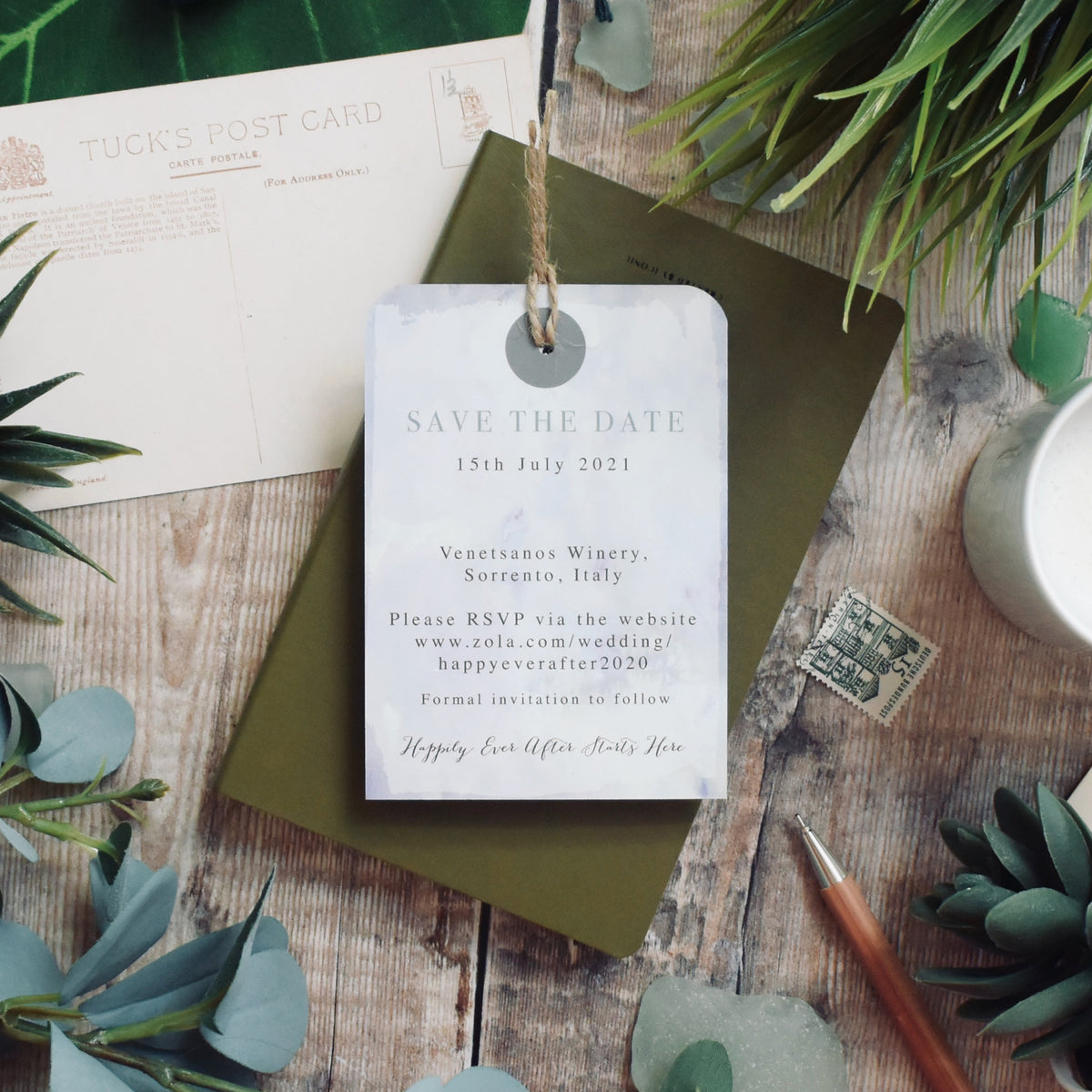 Watercolour Background Luggage Tag Save The Date