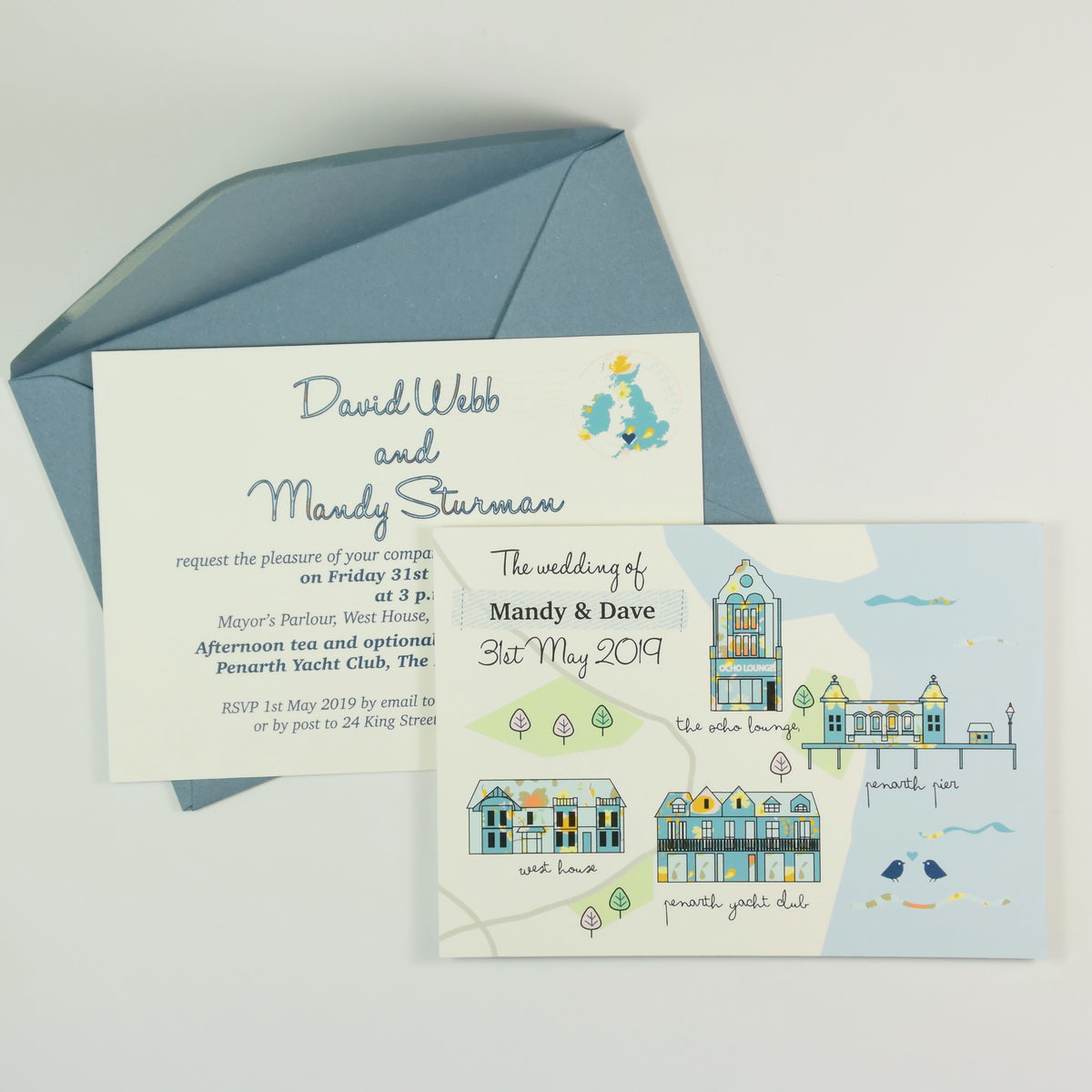 Illustrated Bespoke Map Invitation - Blues