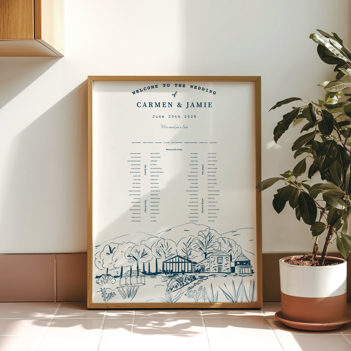 Hand-Illustrated Bespoke Venue Table Plan with landscape