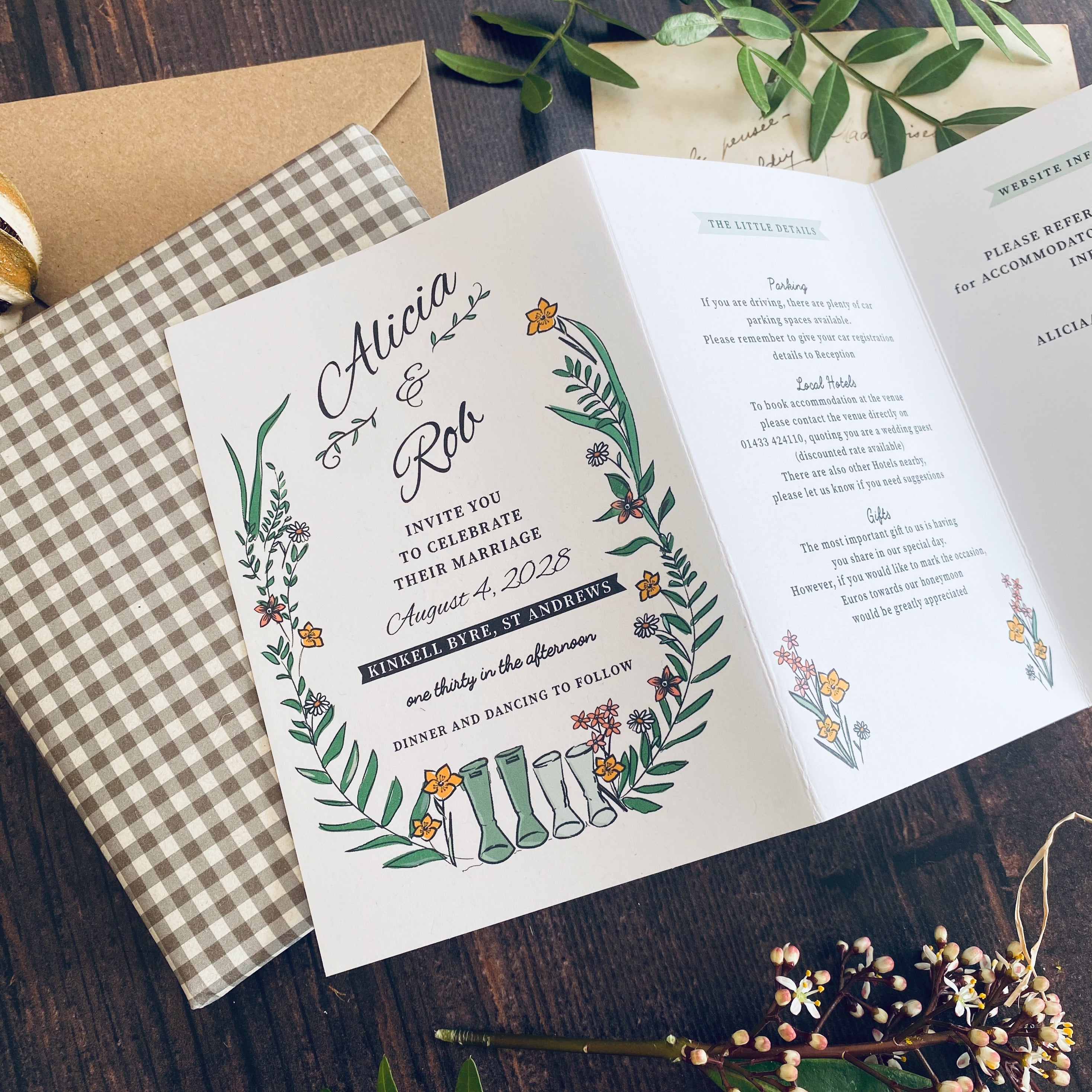 Wellie & Wildflower Four Fold Wedding Invitation