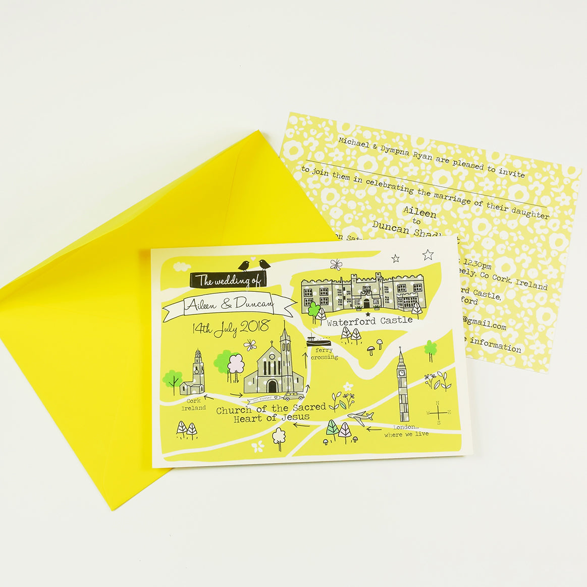 Illustrated Bespoke Map Invitation - Our Story Yellow