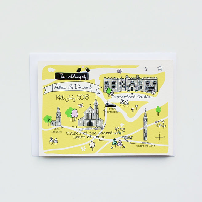 Illustrated Bespoke Map Invitation - Our Story Yellow