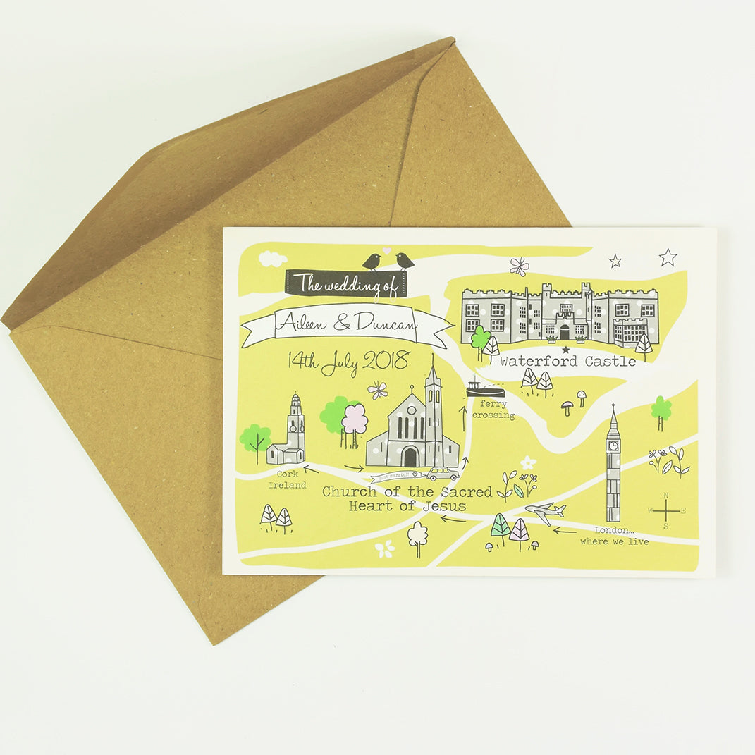Illustrated Bespoke Map Invitation - Our Story Yellow