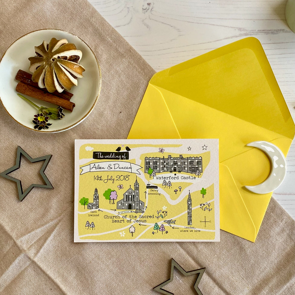 Illustrated Bespoke Map Invitation - Our Story Yellow