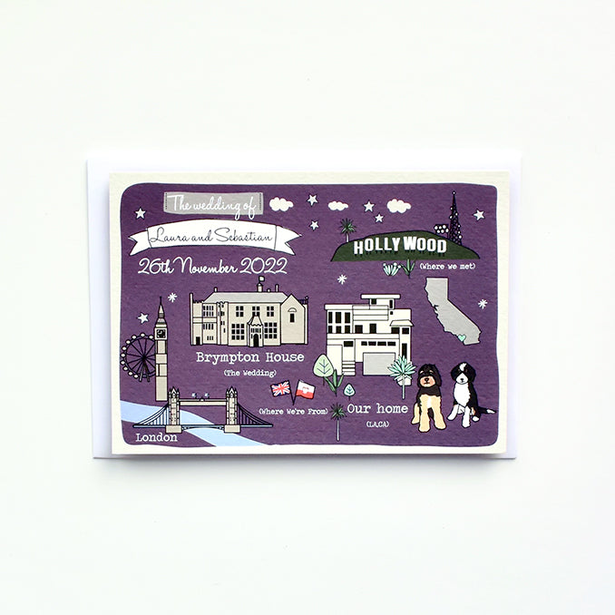 Illustrated Bespoke Map Invitation - Our Story Purple