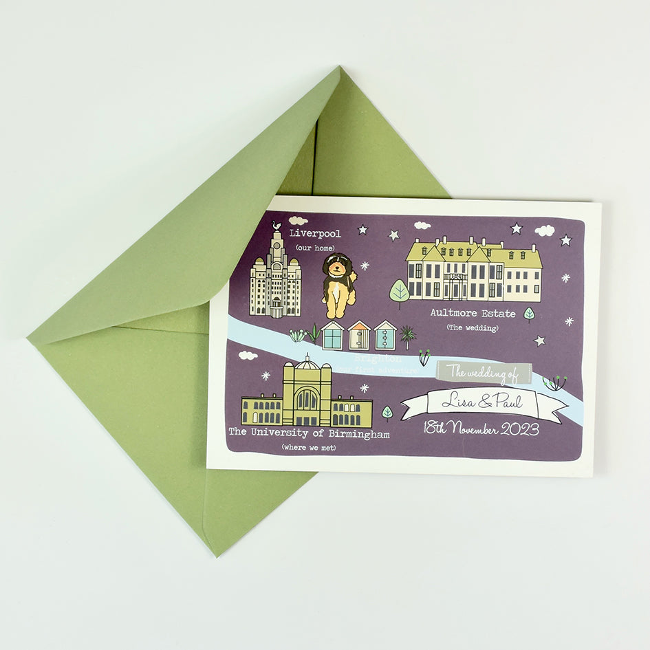 Illustrated Bespoke Map Invitation - Our Story Purple
