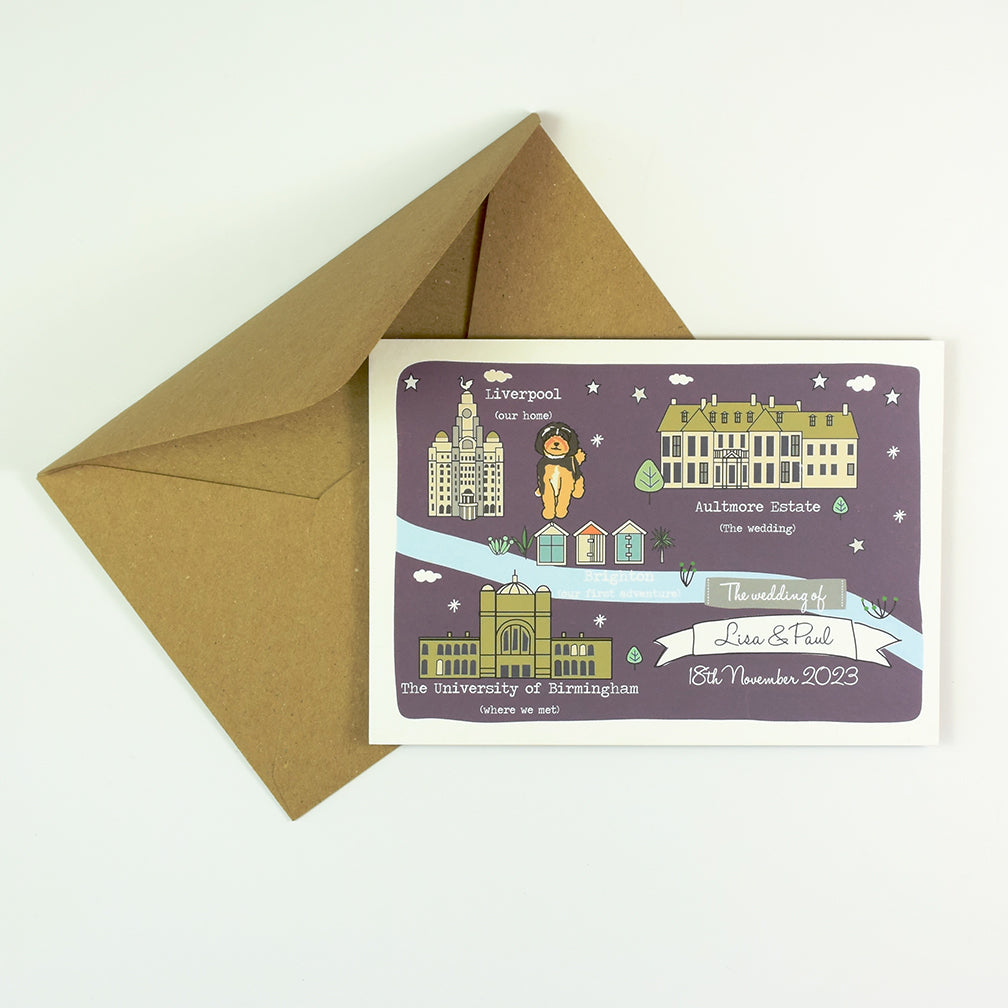 Illustrated Bespoke Map Invitation - Our Story Purple