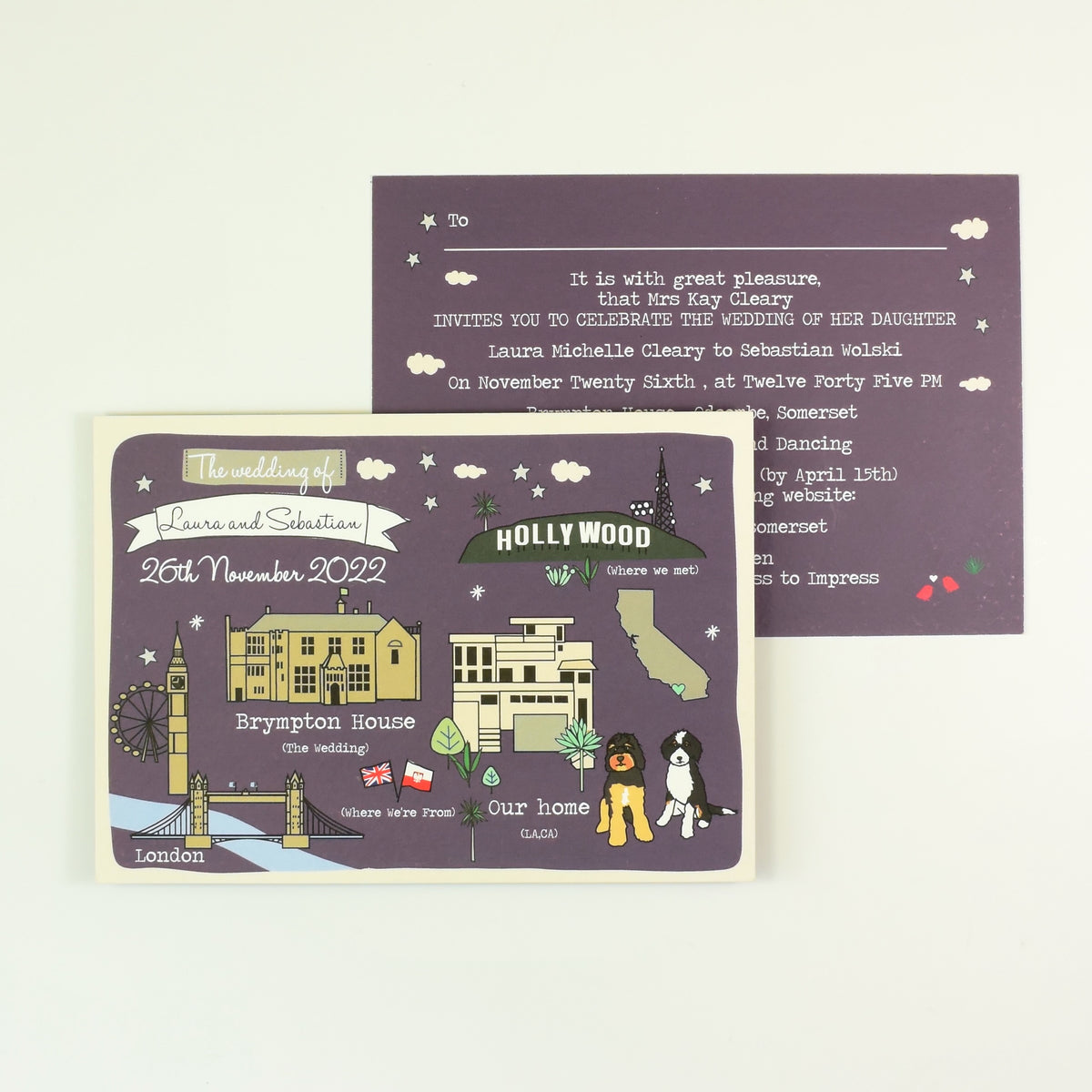 Illustrated Bespoke Map Invitation - Our Story Purple
