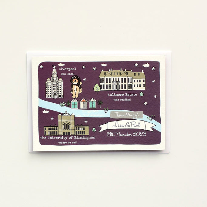Illustrated Bespoke Map Invitation - Our Story Purple