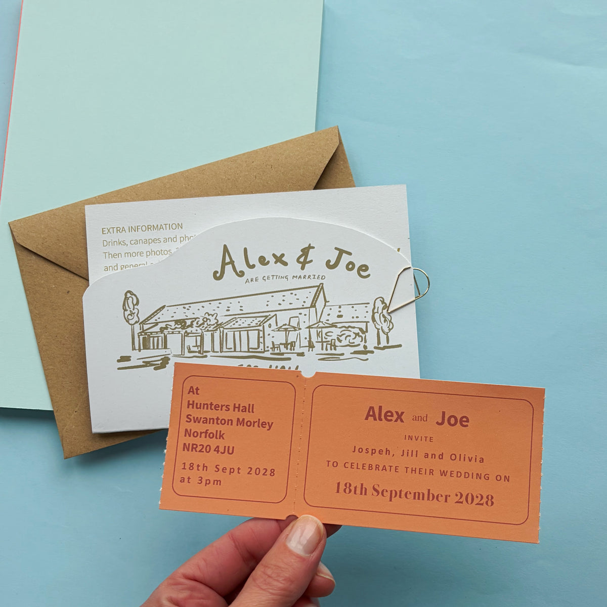 Colourful Fun Bespoke Hand Illustrated Wedding Venue, Information And Ticket Invitation