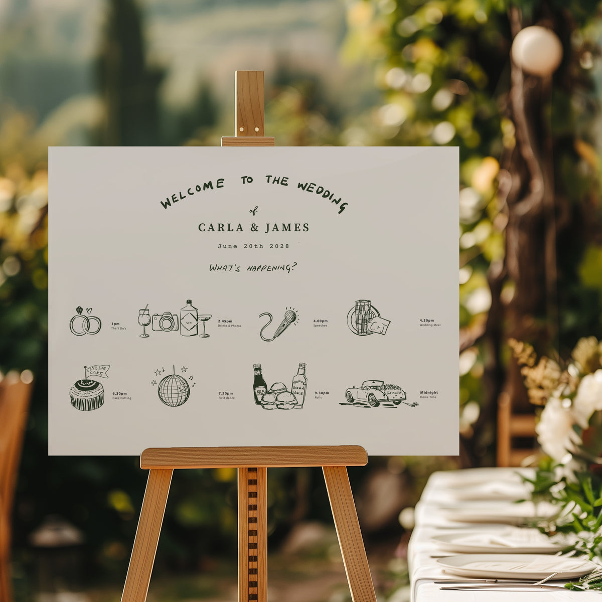 Hand-Illustrated Bespoke Wedding Welcome Sign/Timeline
