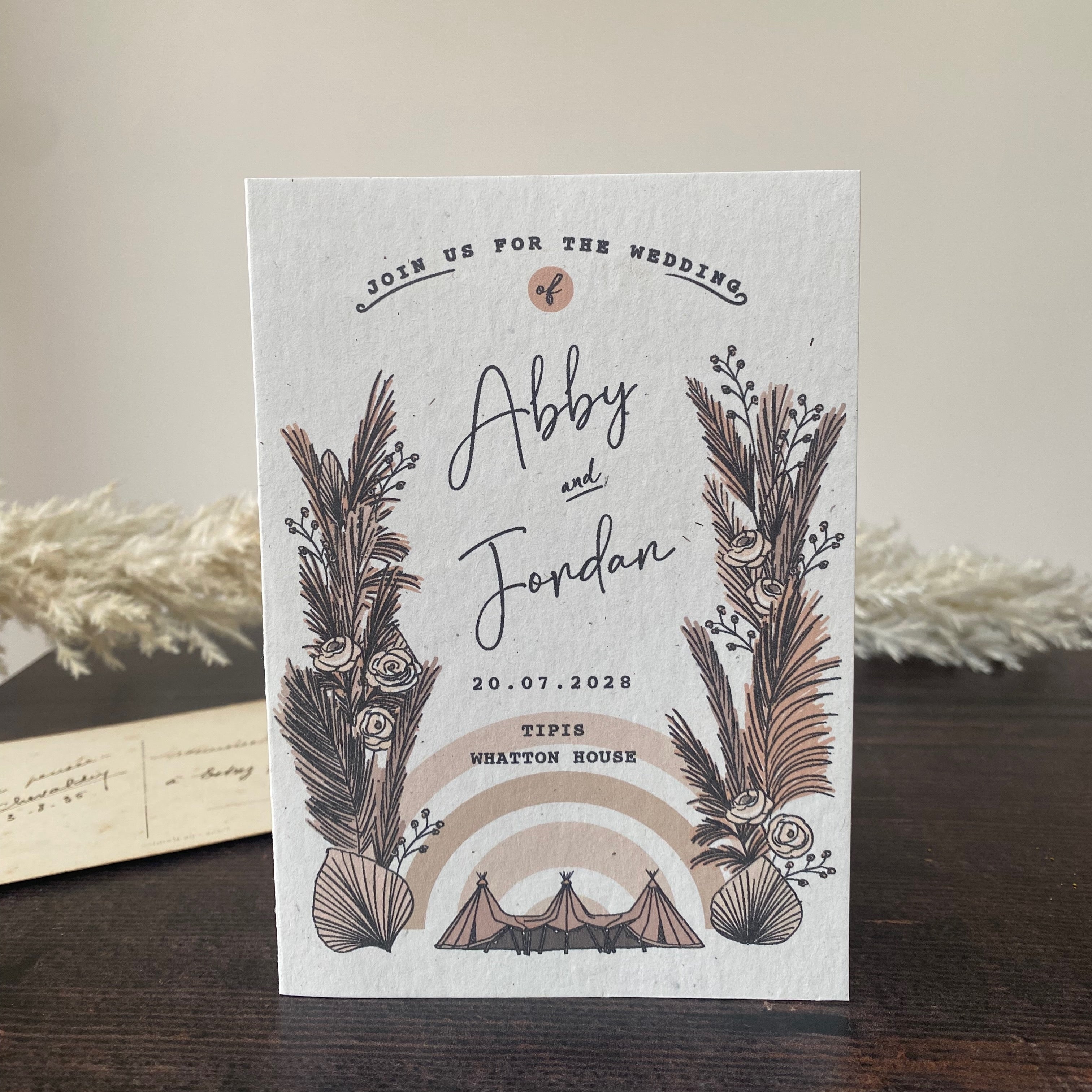 Boho Tipi Pampas Folded Wedding Invitation
