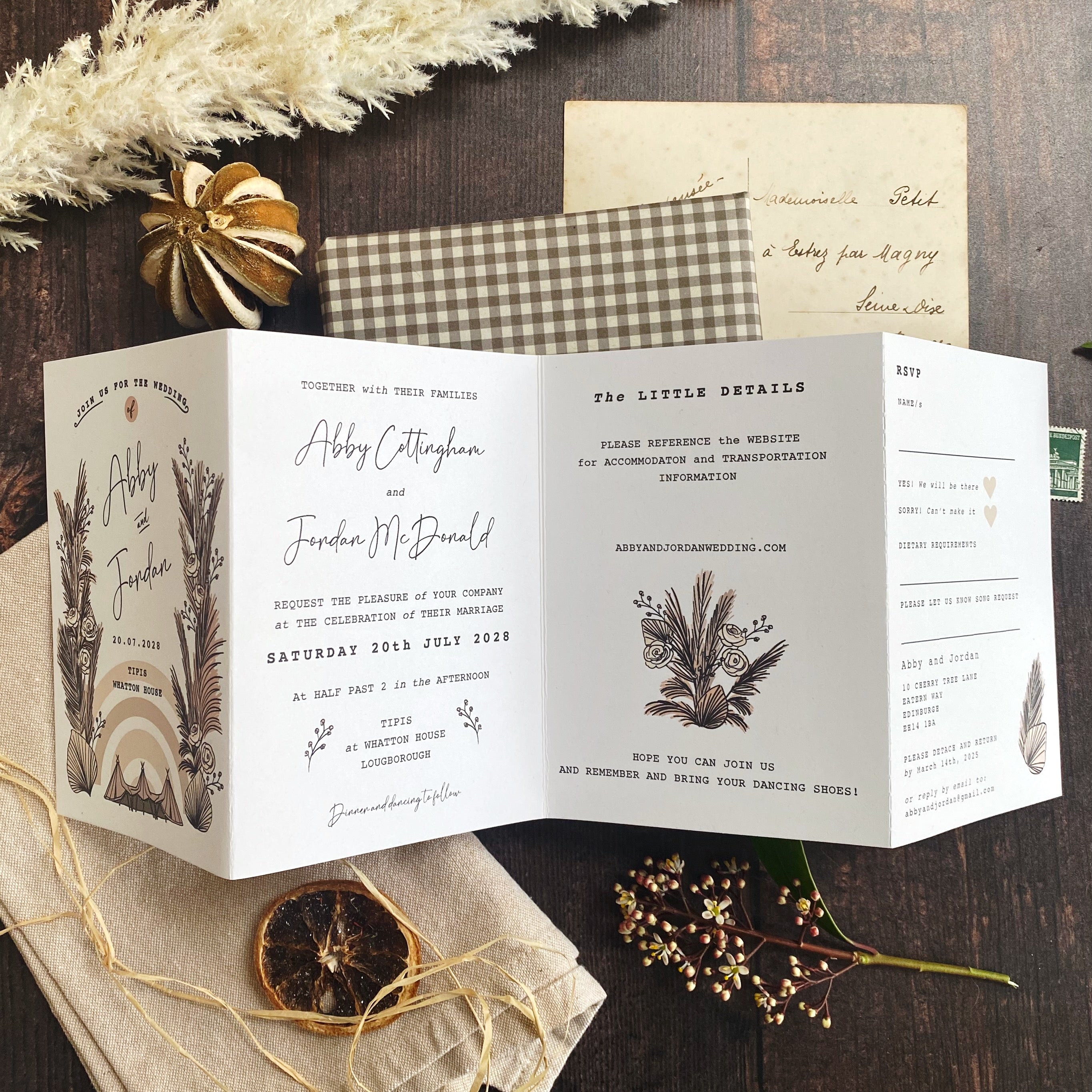 Boho Tipi Pampas Four Fold Wedding Invitation