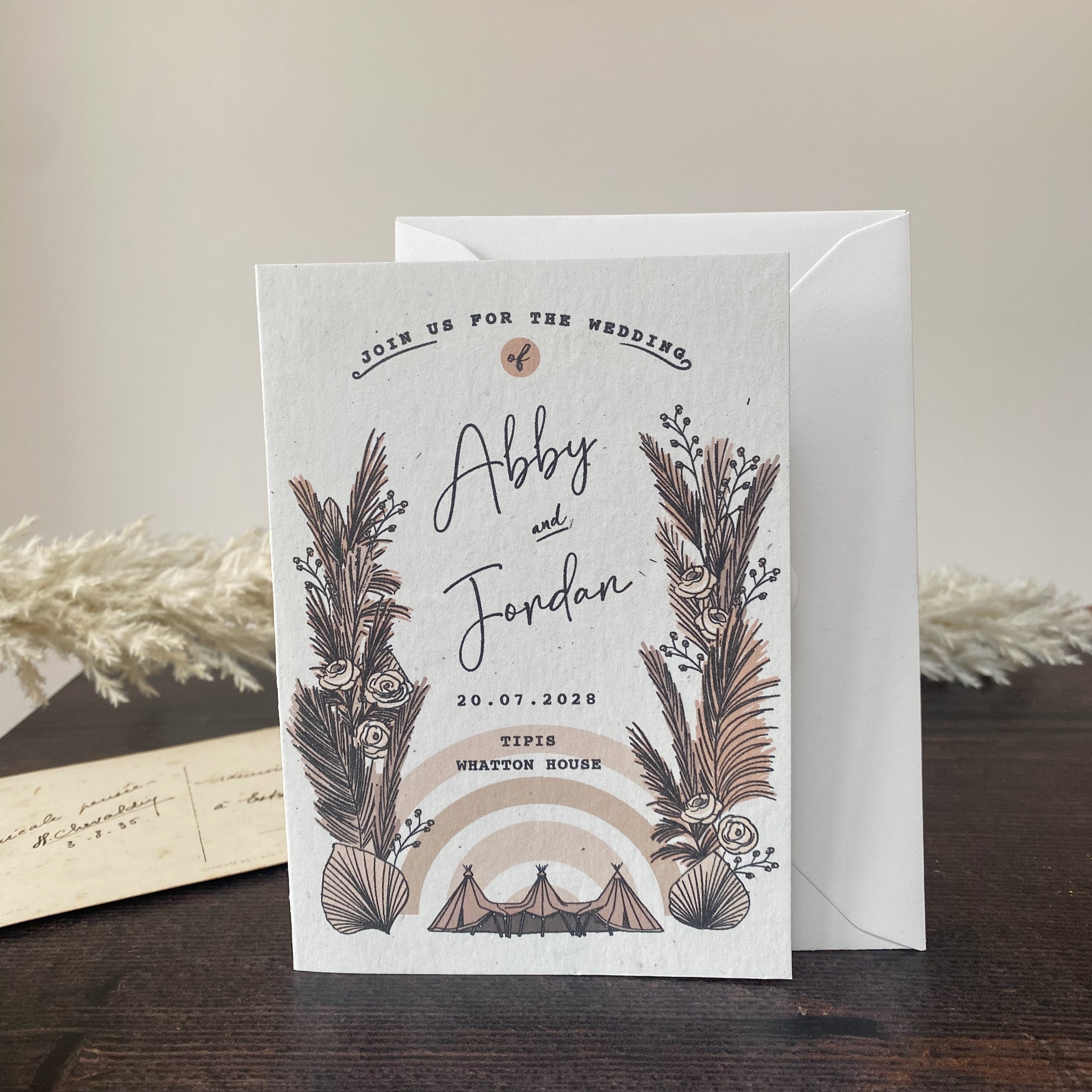 Boho Tipi Pampas Folded Wedding Invitation