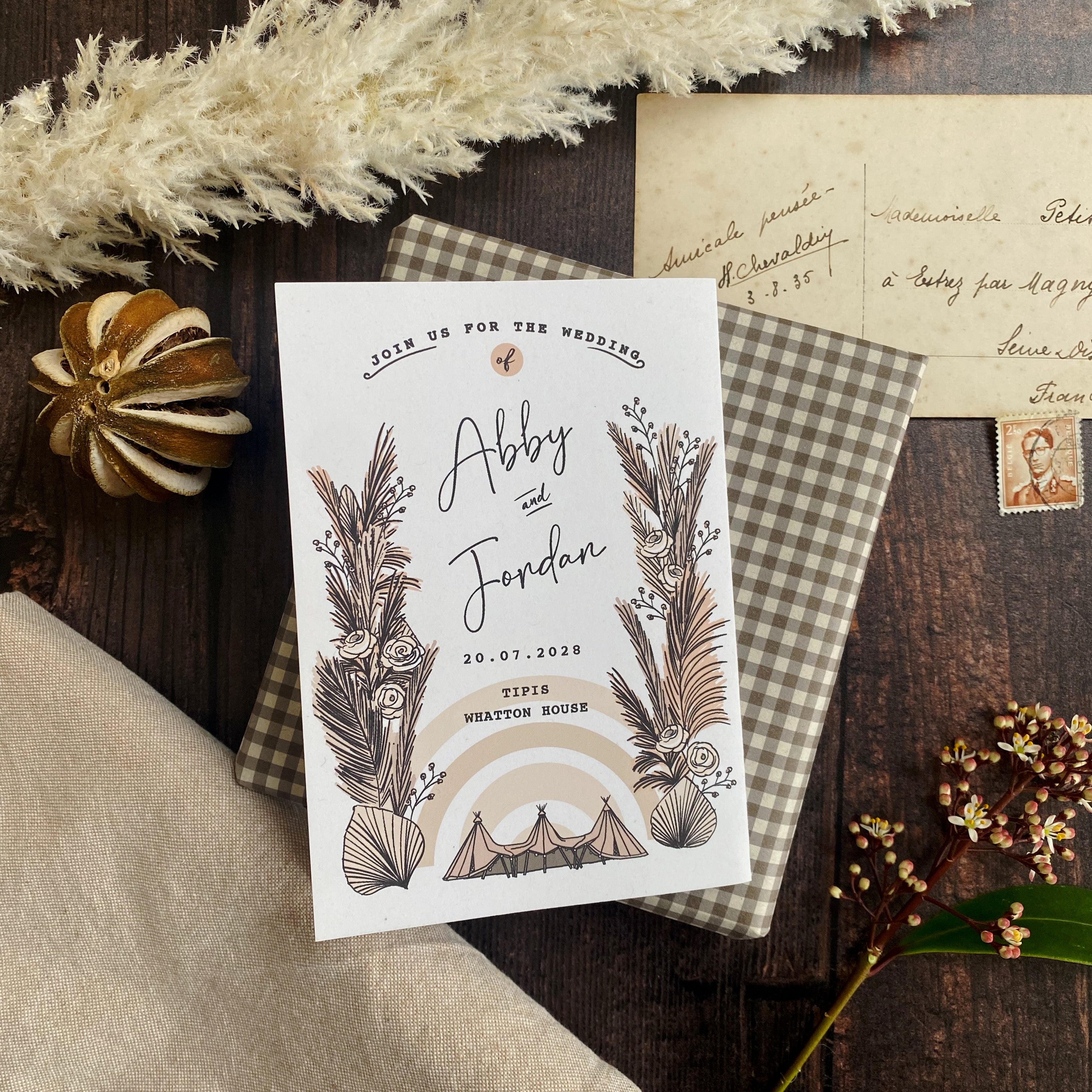 Boho Tipi Pampas Four Fold Wedding Invitation