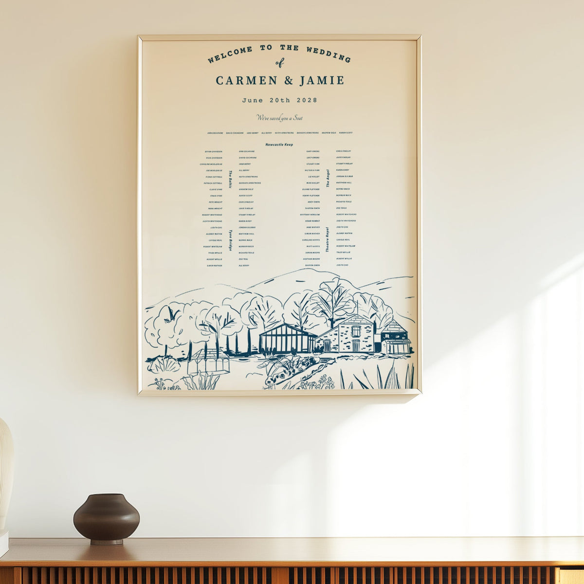 Hand-Illustrated Bespoke Venue Table Plan with landscape