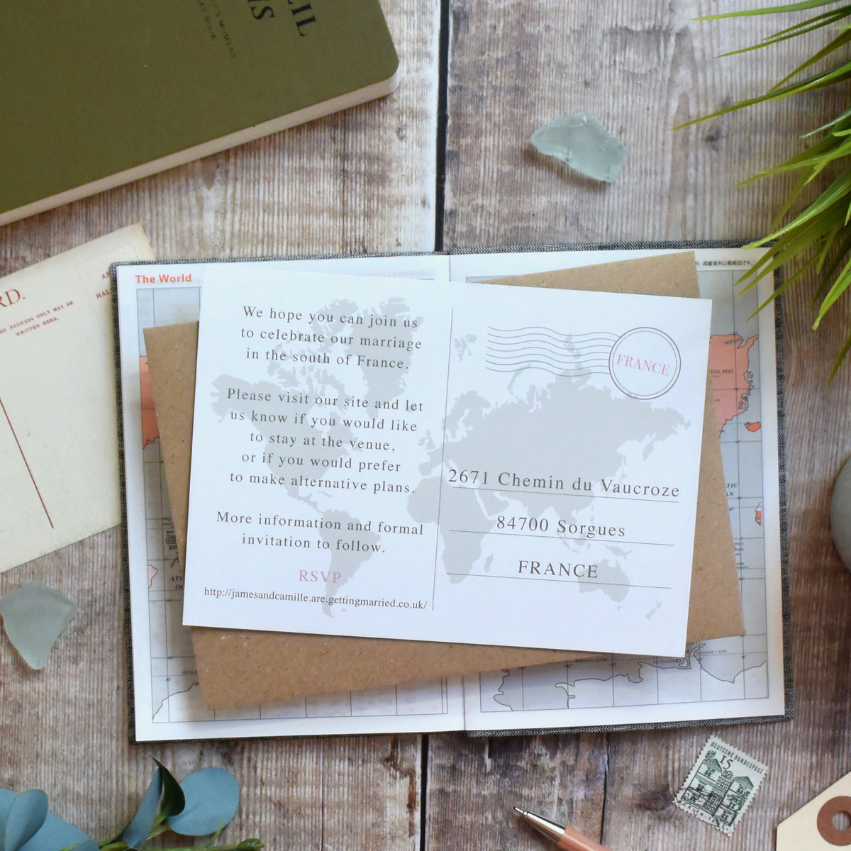 Wedding Abroad Map Save the Date Postcard