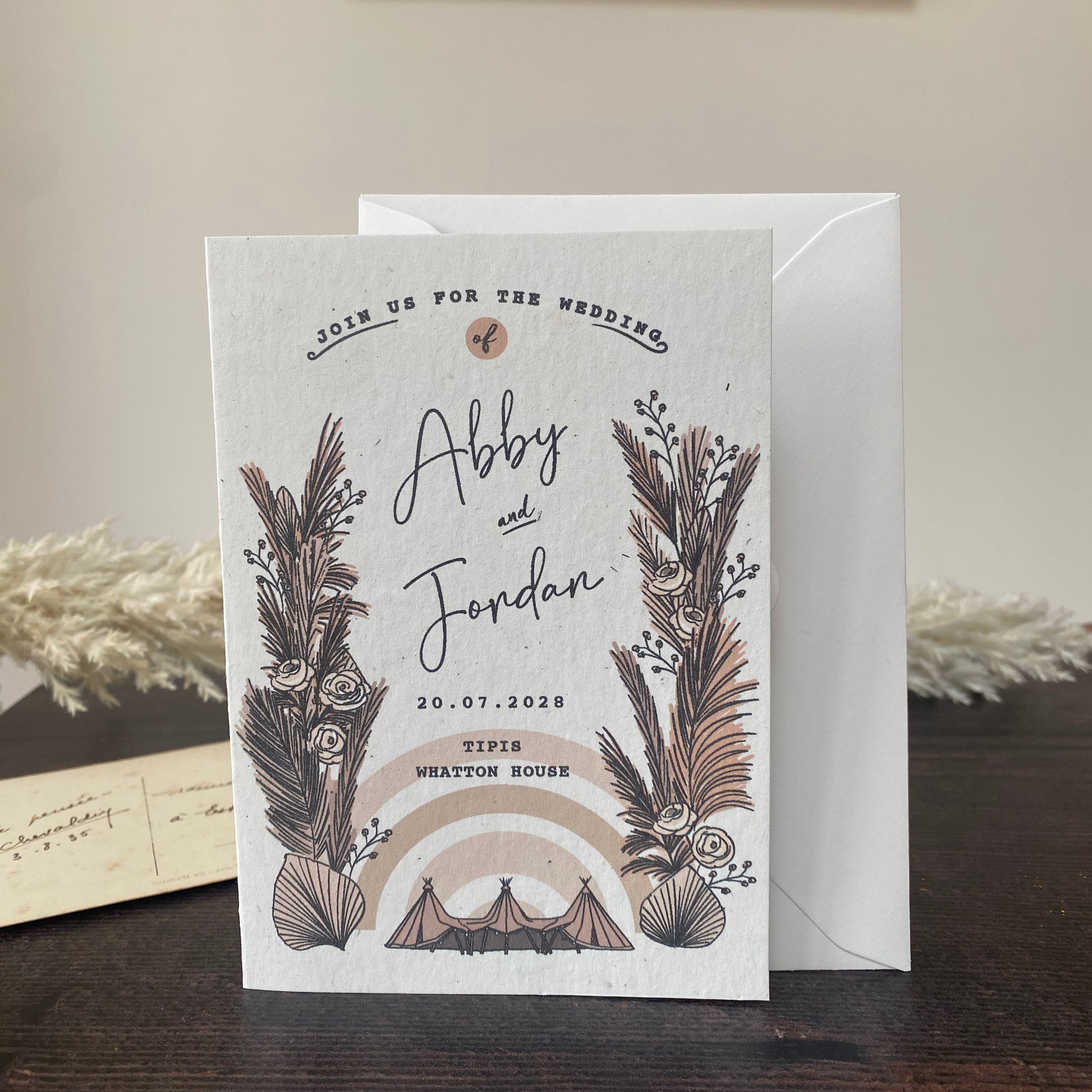 Boho Tipi Pampas Folded Wedding Invitation