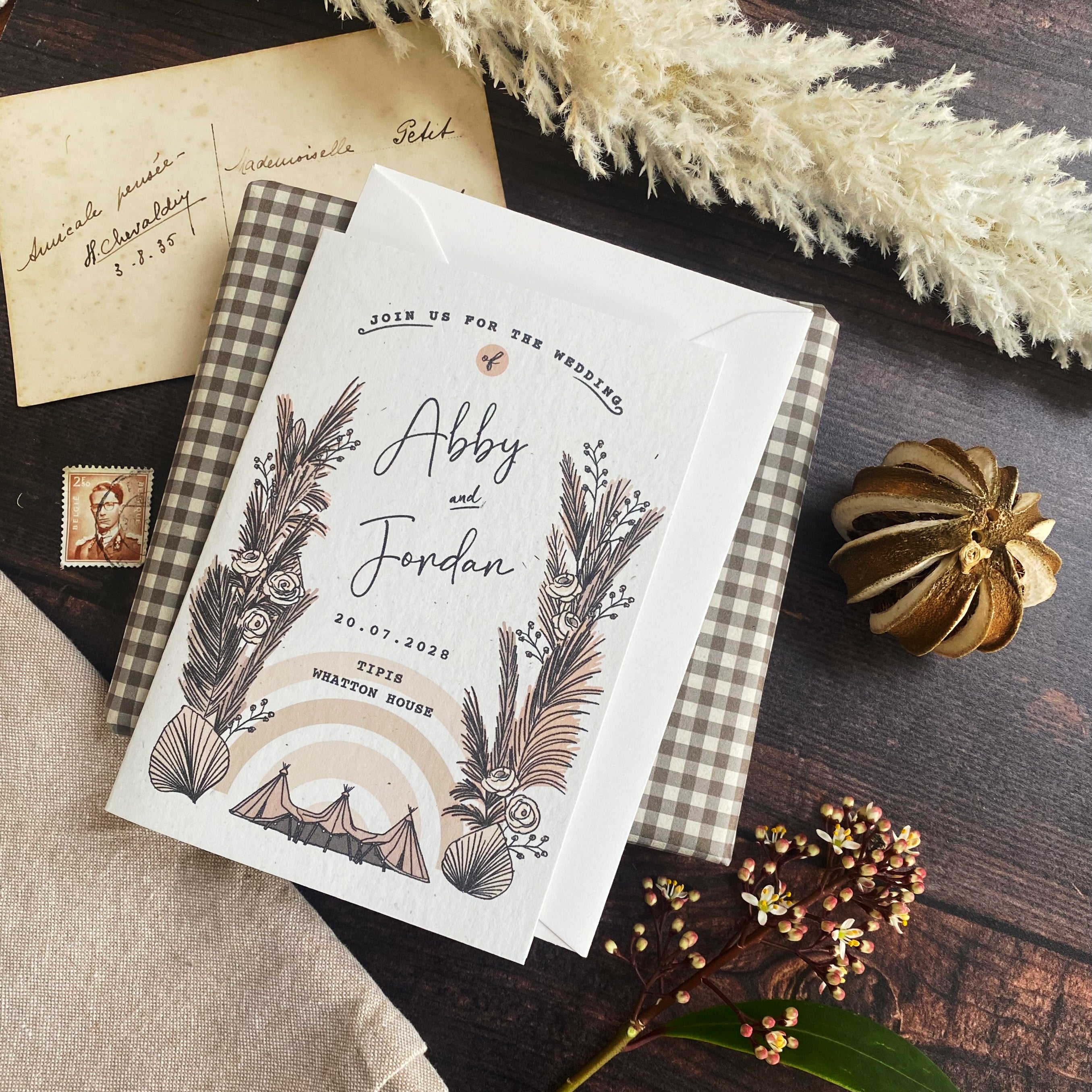 Boho Tipi Pampas Folded Wedding Invitation