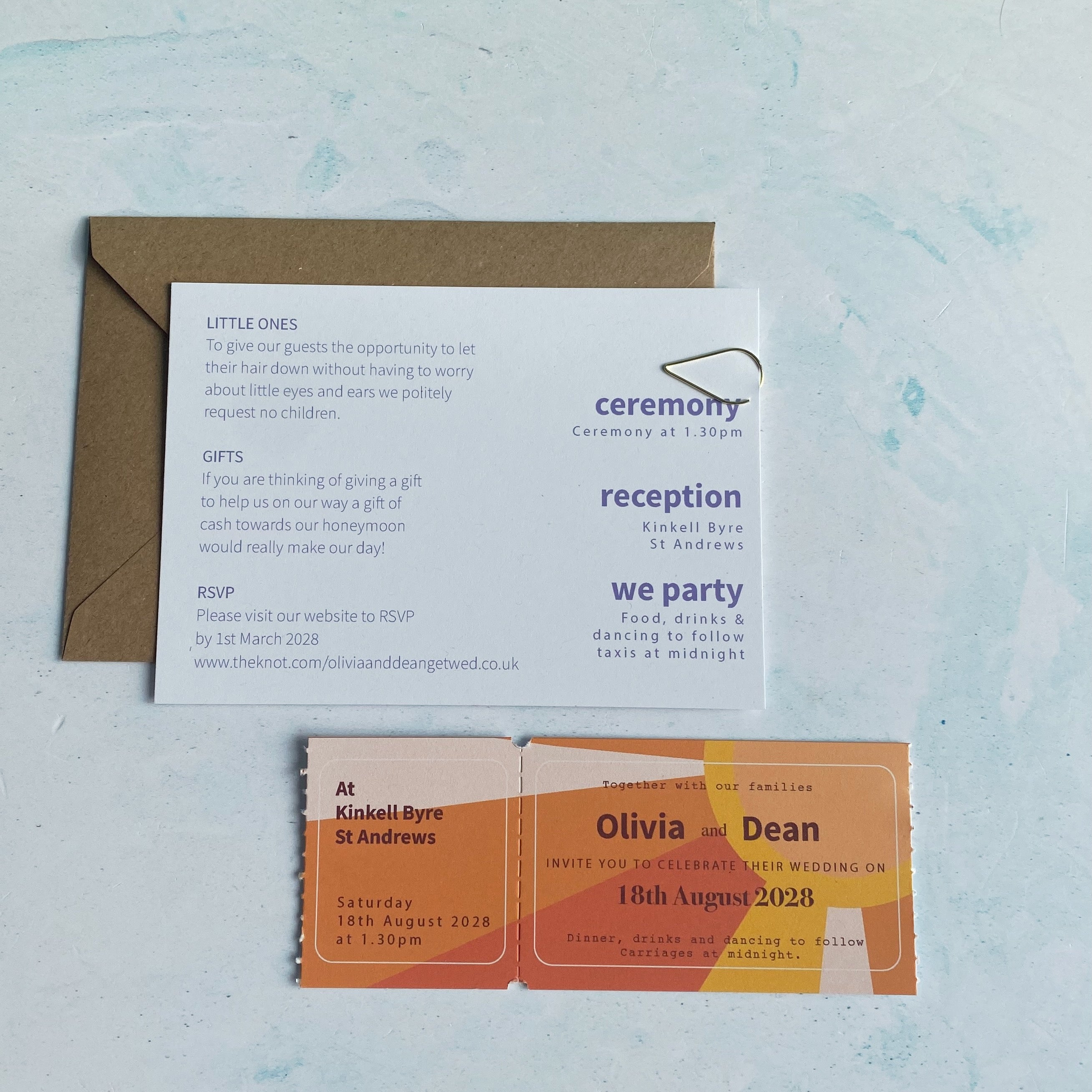 Colourful, Fun Ticket Style Alternative Wedding Invitation