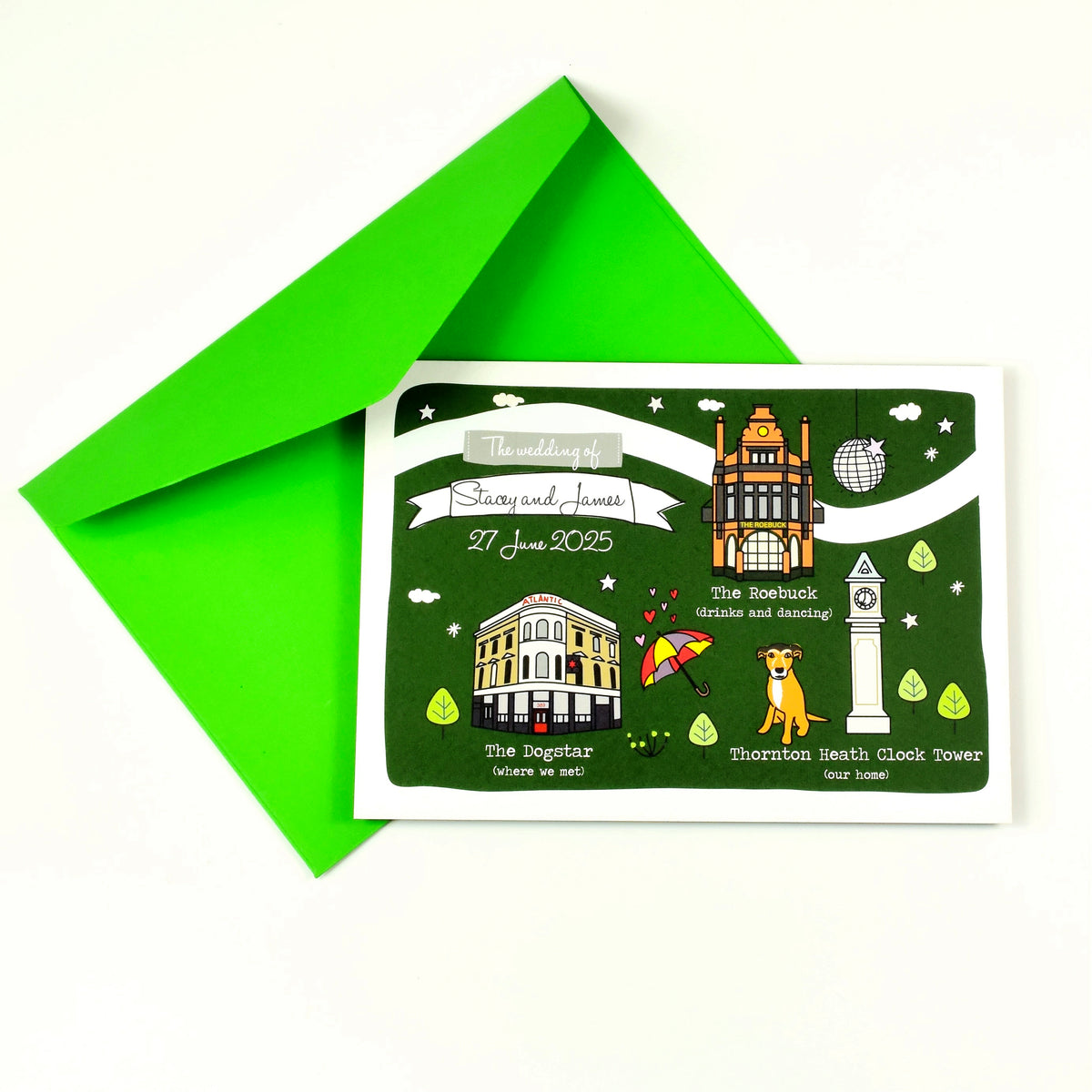 Illustrated Bespoke Map Invitation - Our Story Green
