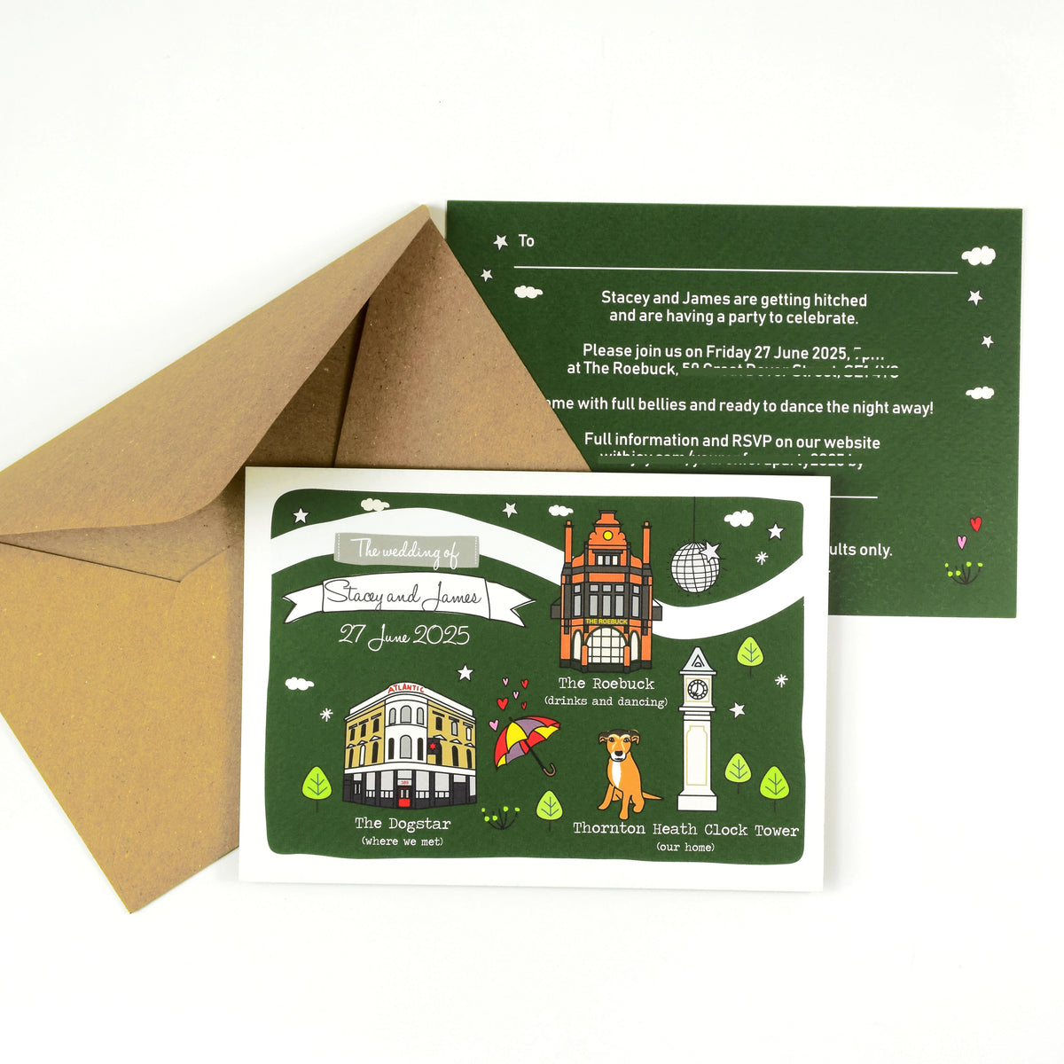 Illustrated Bespoke Map Invitation - Our Story Green