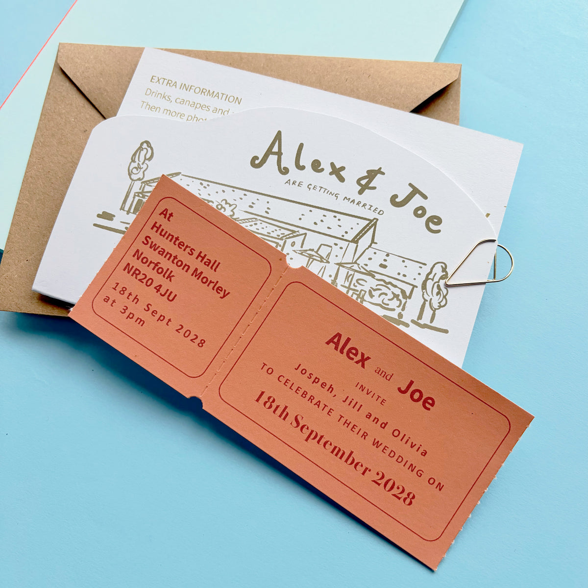 Colourful Fun Bespoke Hand Illustrated Wedding Venue, Information And Ticket Invitation