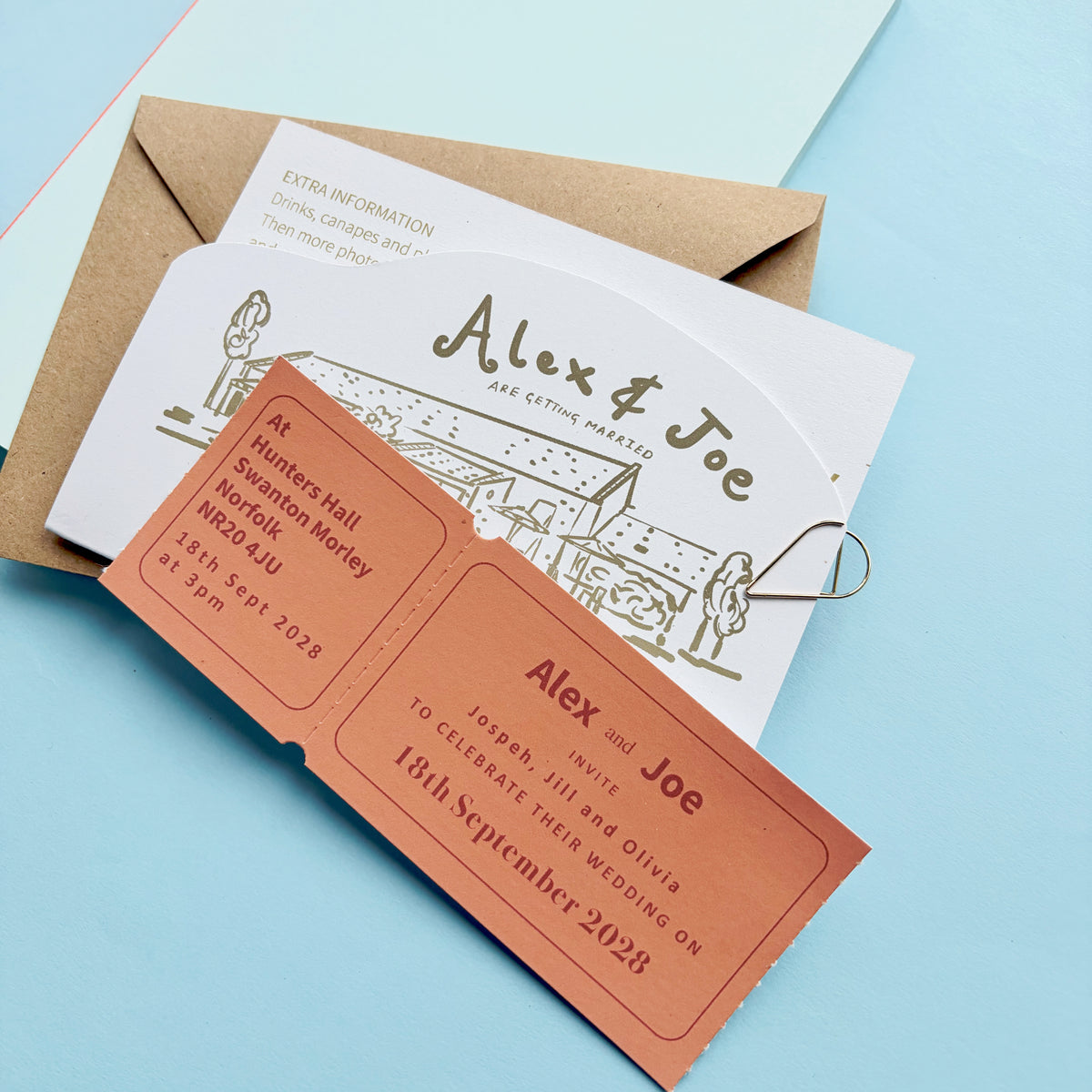 Colourful Fun Bespoke Hand Illustrated Wedding Venue, Information And Ticket Invitation
