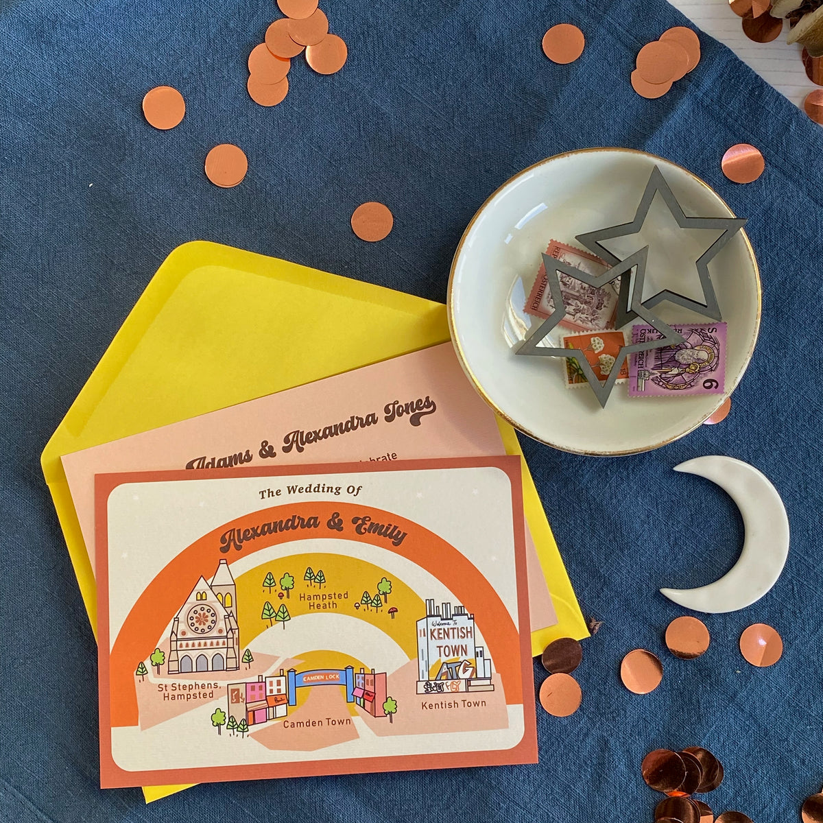 Illustrated Bespoke Map Invitation - our story retro rainbow