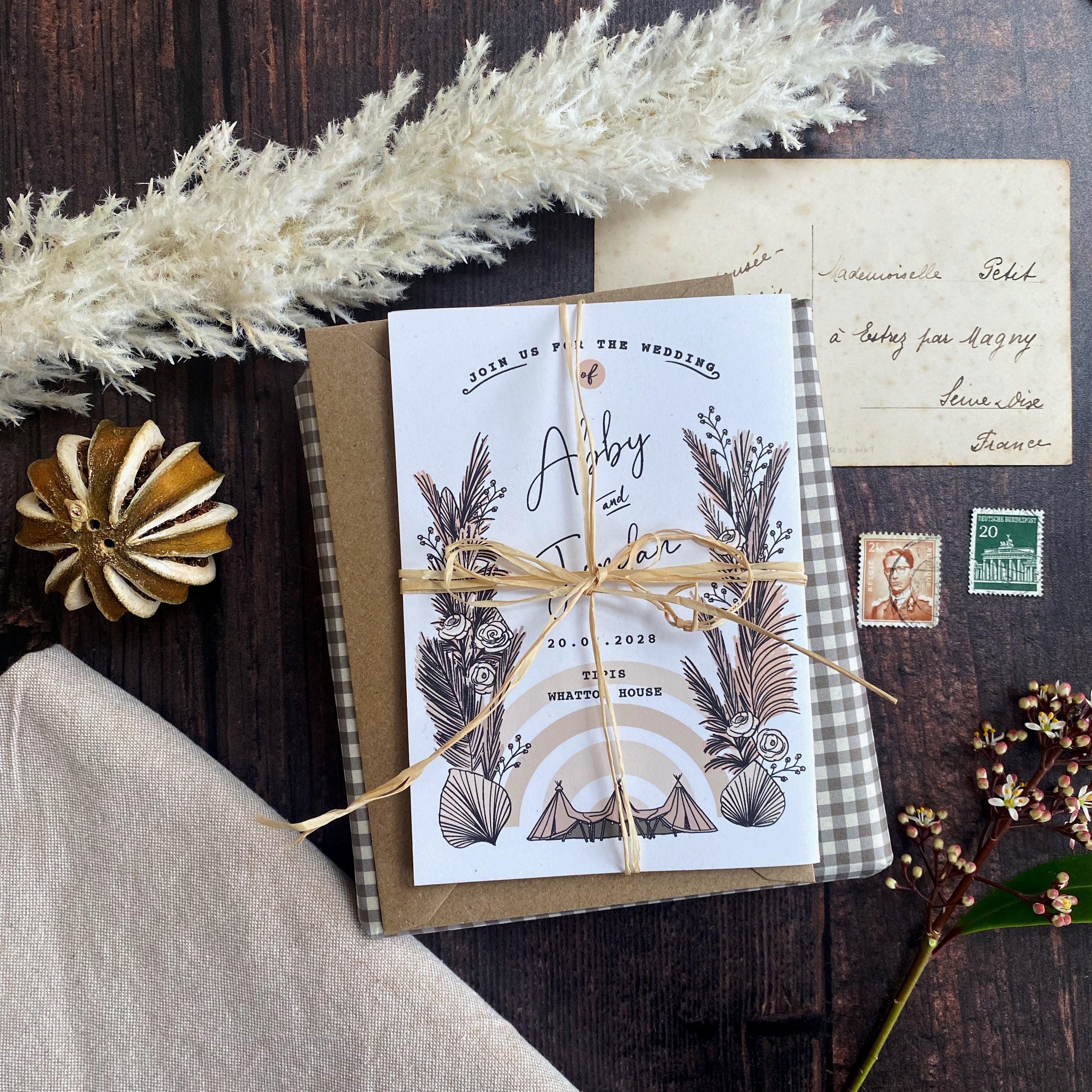 Boho Tipi Pampas Four Fold Wedding Invitation