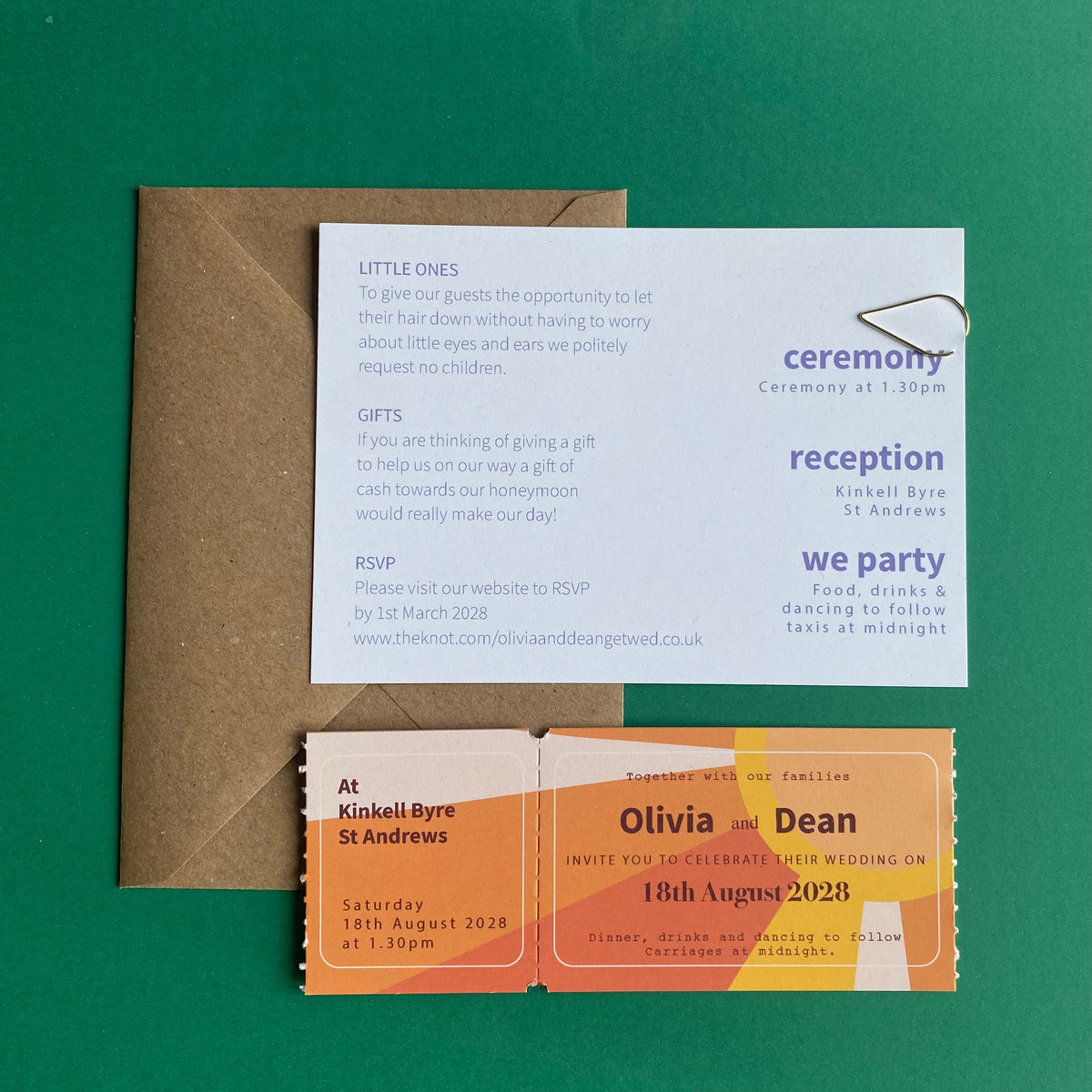 Colourful, Fun Ticket Style Alternative Wedding Invitation