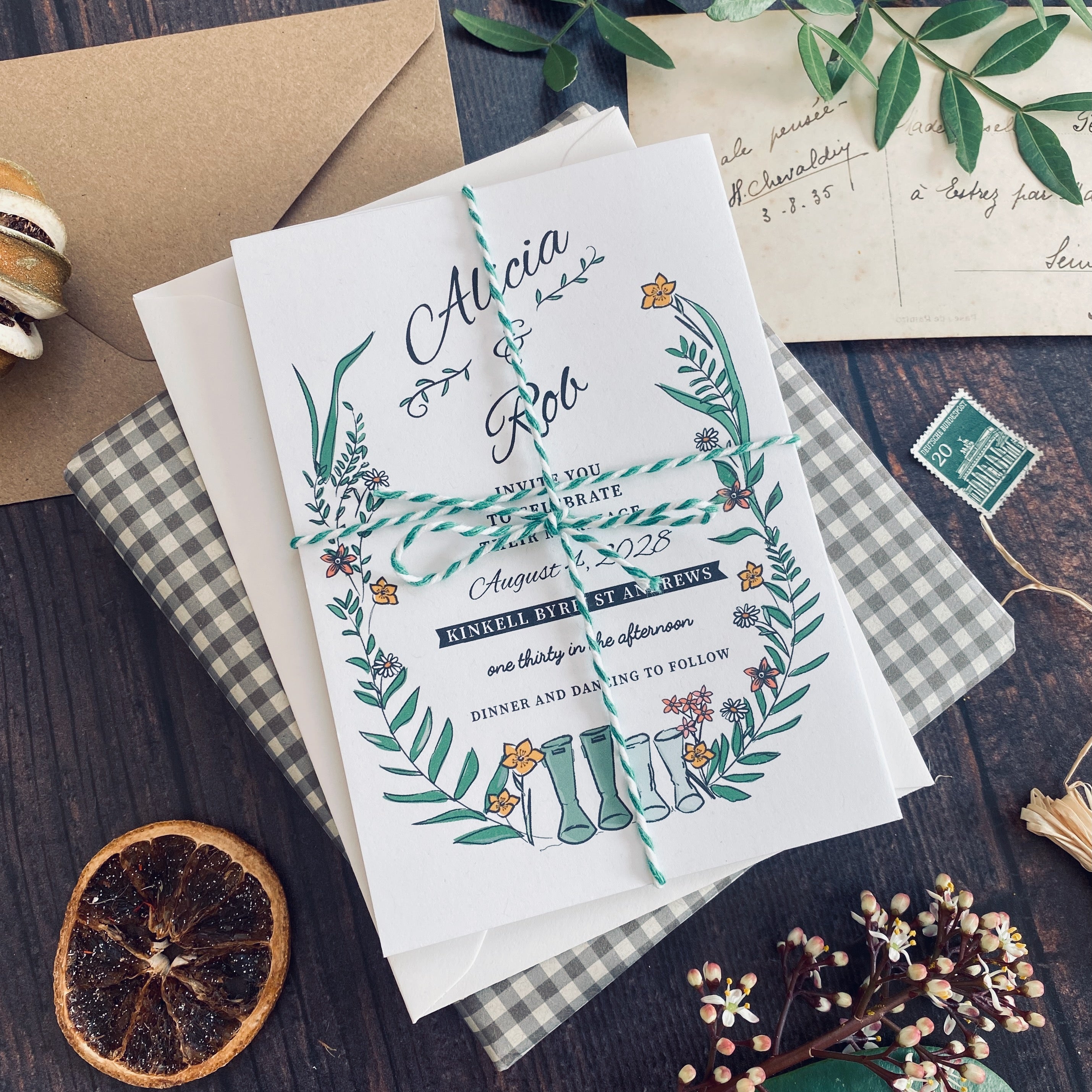 Wellie & Wildflower Folded Wedding Invitation Card