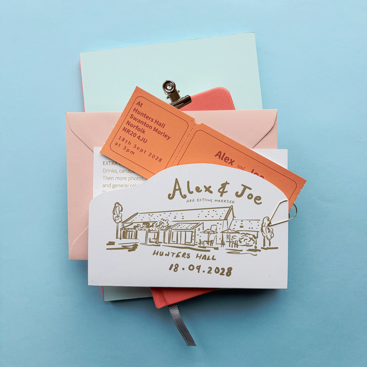 Colourful Fun Bespoke Hand Illustrated Wedding Venue, Information And Ticket Invitation