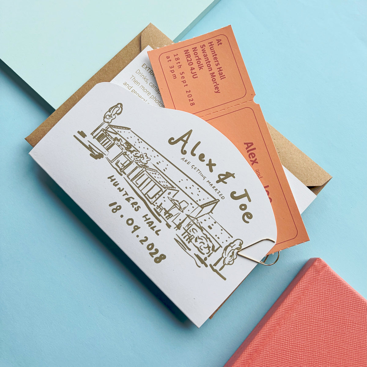 Colourful Fun Bespoke Hand Illustrated Wedding Venue, Information And Ticket Invitation