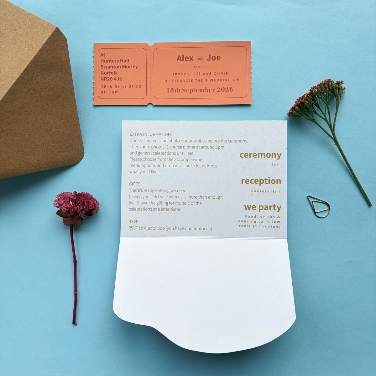 Colourful Fun Bespoke Hand Illustrated Wedding Venue, Information And Ticket Invitation
