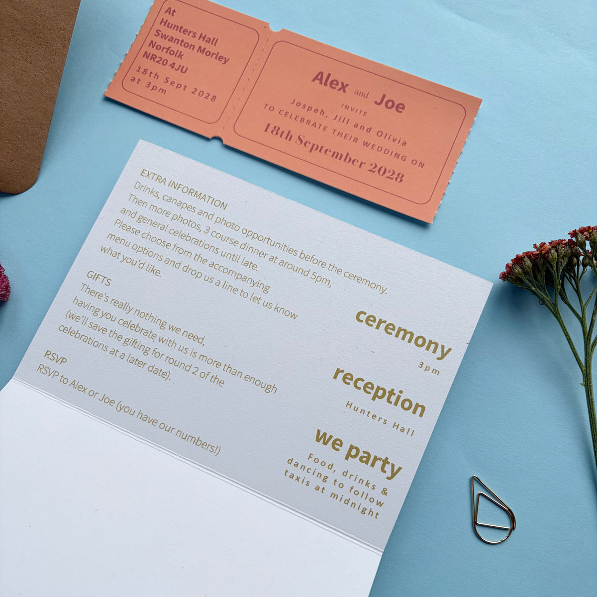 Colourful Fun Bespoke Hand Illustrated Wedding Venue, Information And Ticket Invitation