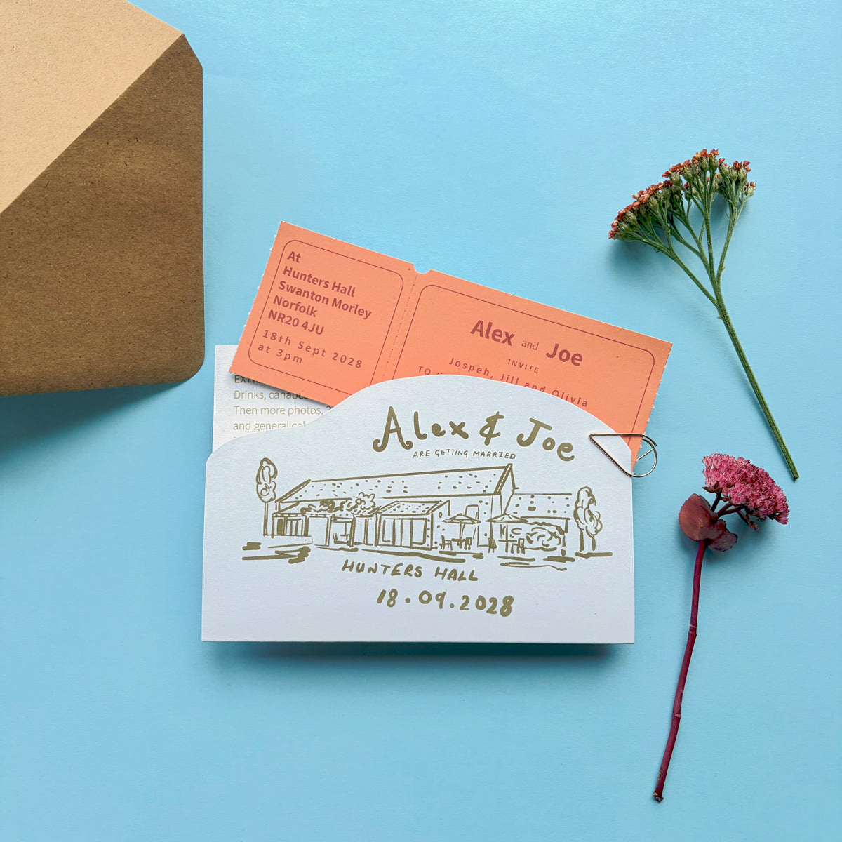 Colourful Fun Bespoke Hand Illustrated Wedding Venue, Information And Ticket Invitation