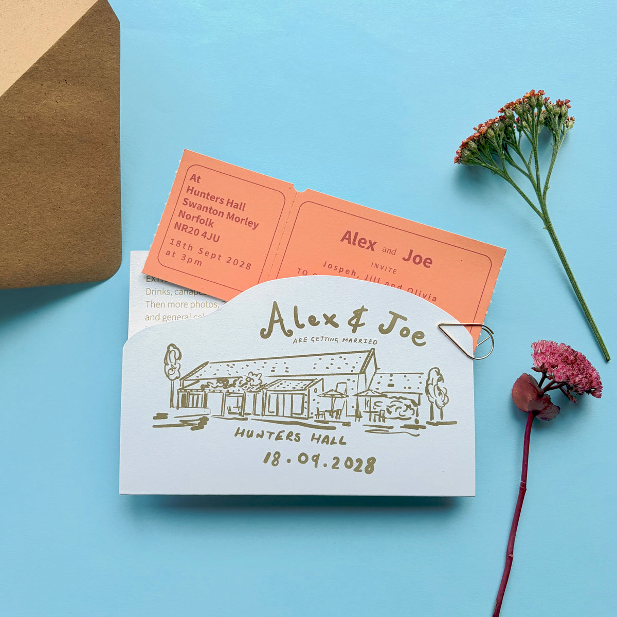 Colourful Fun Bespoke Hand Illustrated Wedding Venue, Information And Ticket Invitation