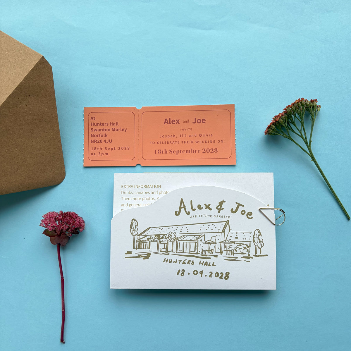 Colourful Fun Bespoke Hand Illustrated Wedding Venue, Information And Ticket Invitation