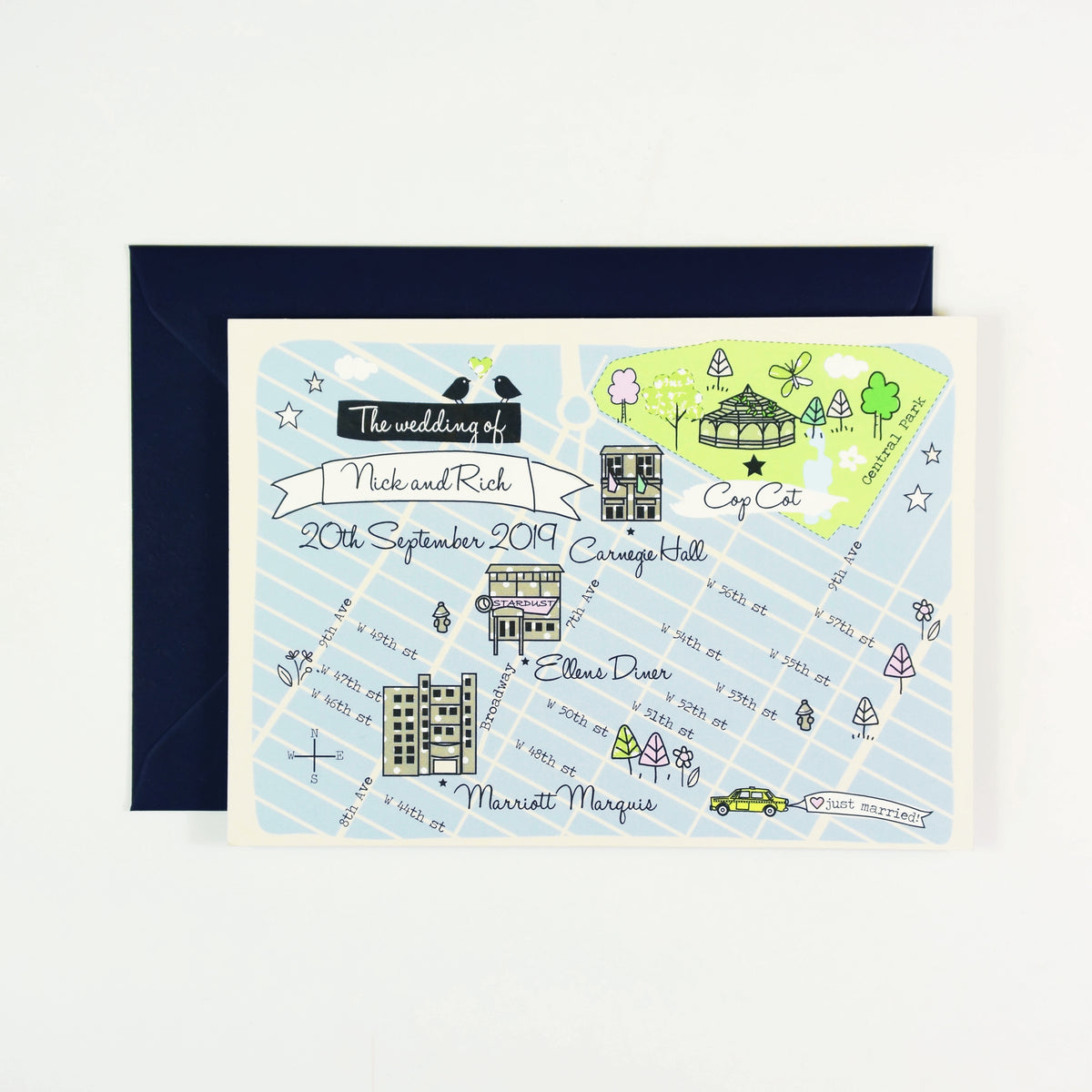 Illustrated Bespoke Map Invitation - (BLUE SPOTTY/NEW YORK)