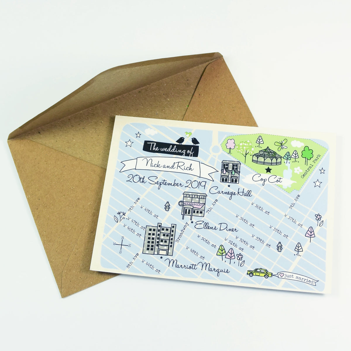 Illustrated Bespoke Map Invitation - (BLUE SPOTTY/NEW YORK)