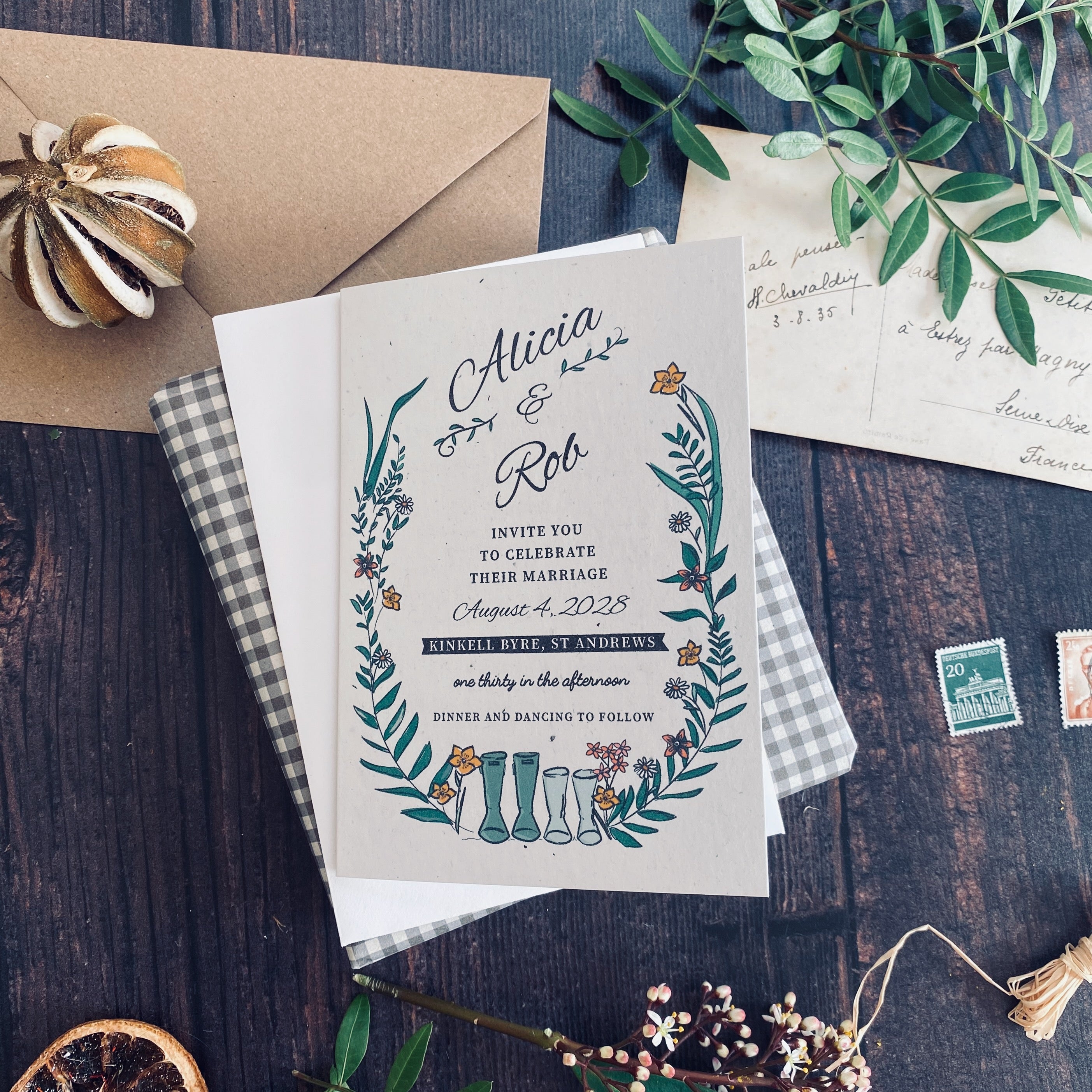 Wellie & Wildflower Folded Wedding Invitation Card
