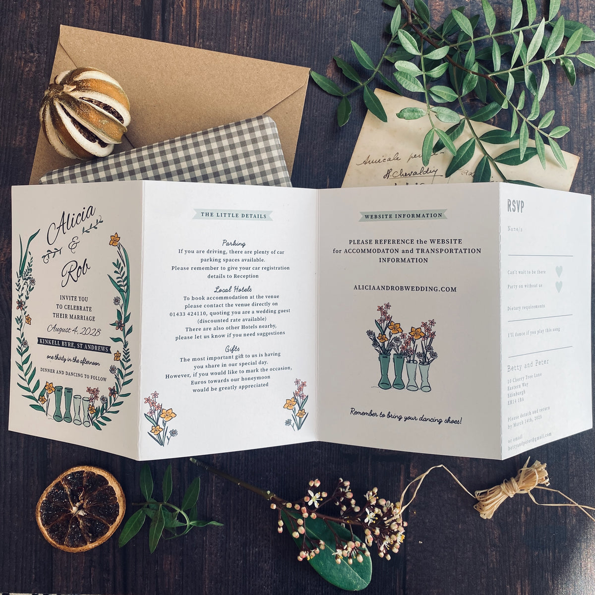 Wellie & Wildflower Four Fold Wedding Invitation