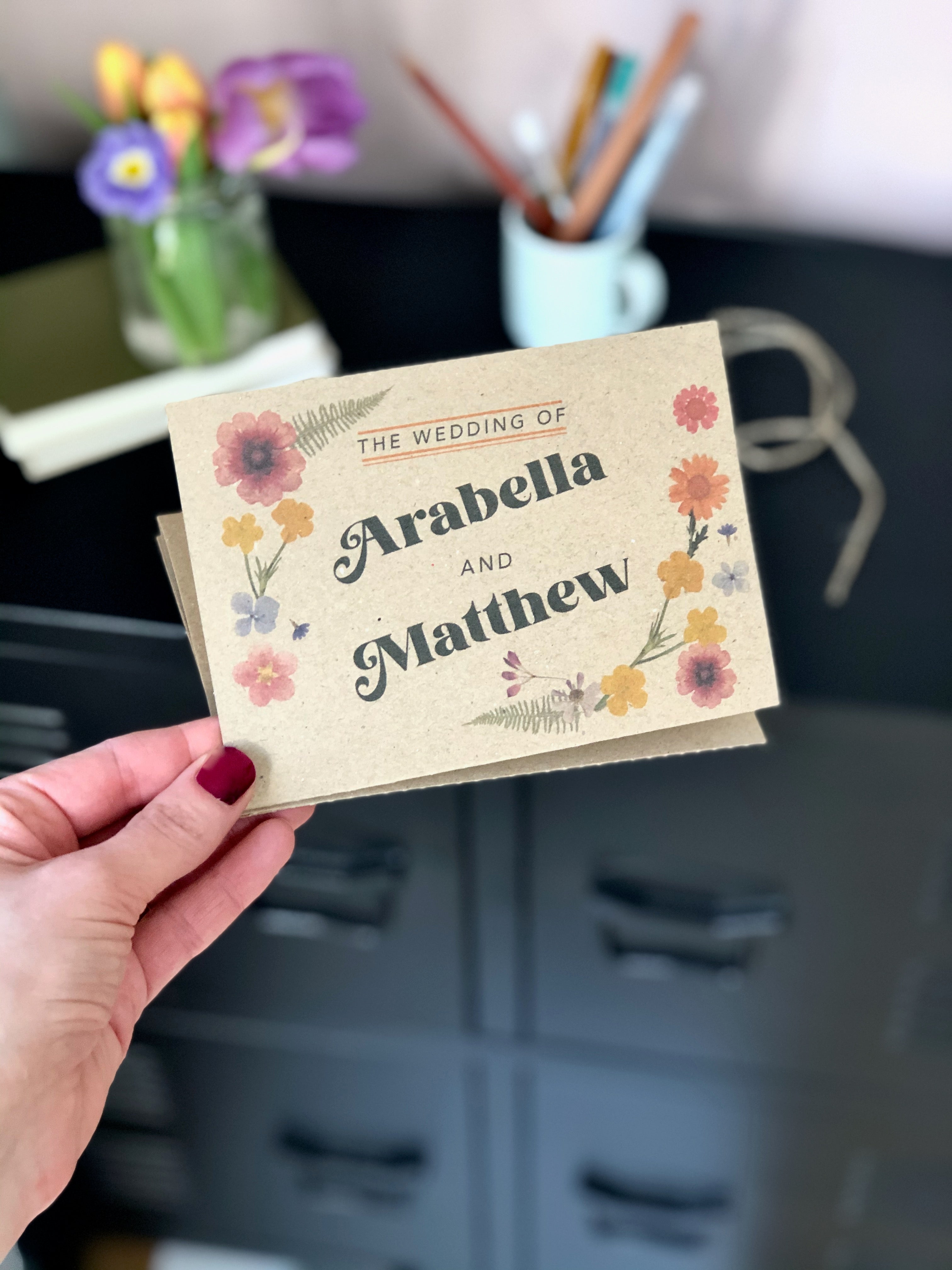 Retro Style Pressed Flower Wedding Invitation