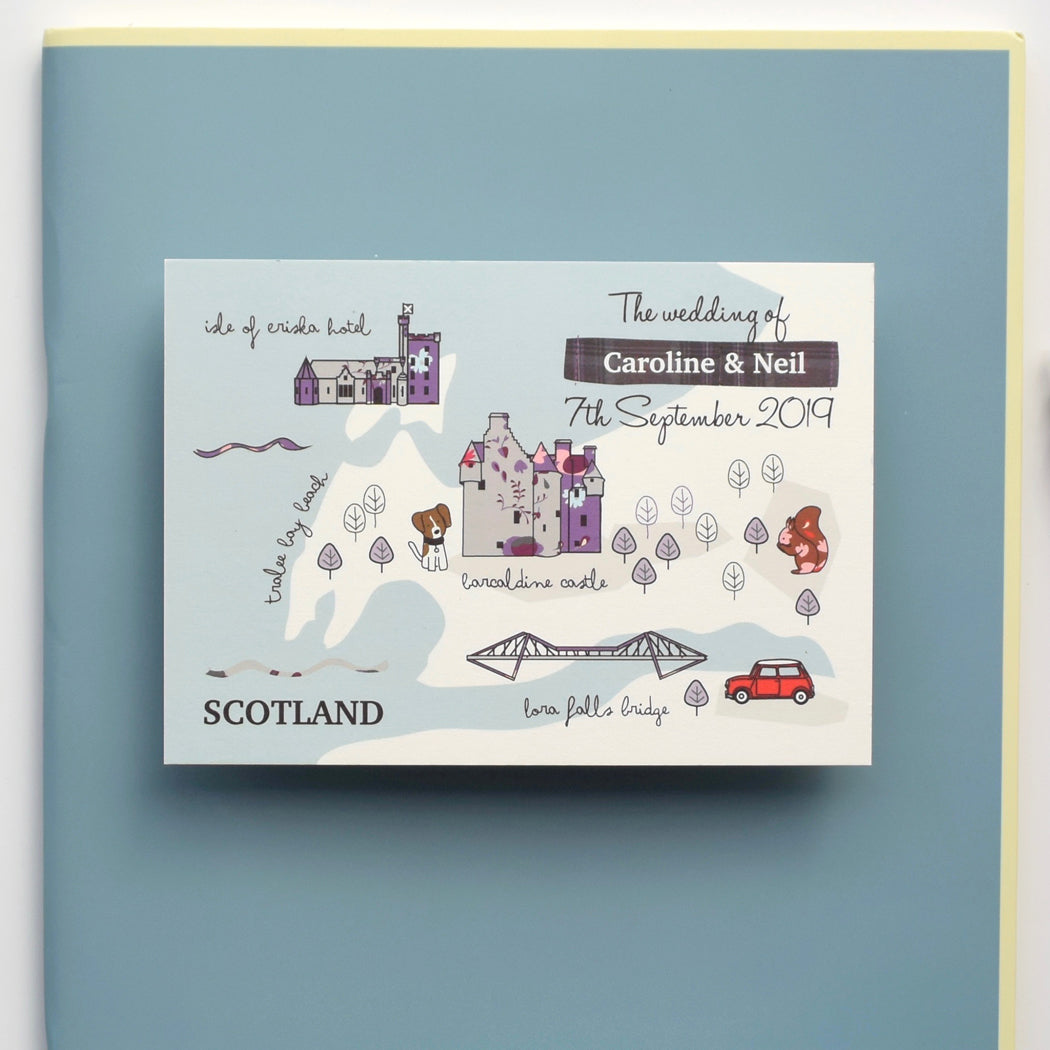 Scotland themed bespoke map invitation