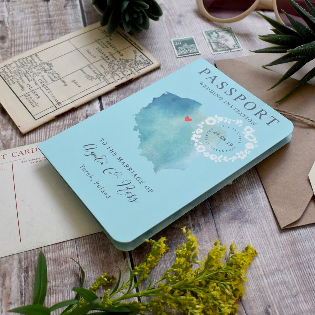 Passport Wedding Invitation - Watercolour Style