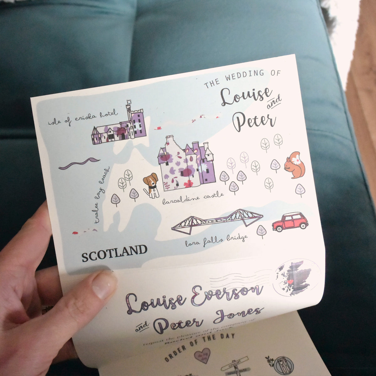 BESPOKE ILLUSTRATED FOLDED WEDDING INVITATION WITH TIMELINE