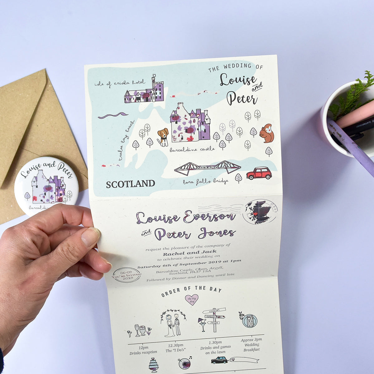 BESPOKE ILLUSTRATED FOLDED WEDDING INVITATION WITH TIMELINE