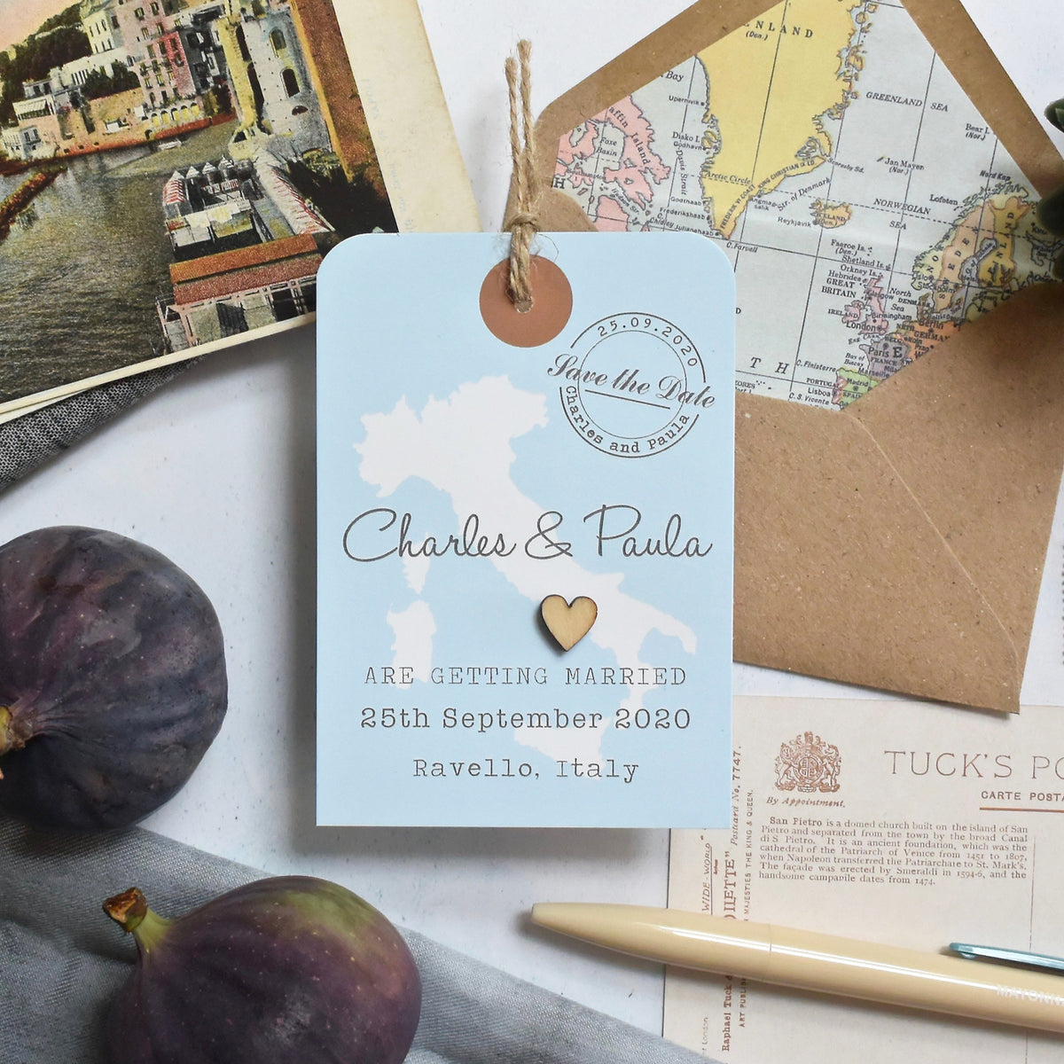Bespoke Map Luggage Tag with wooden heart