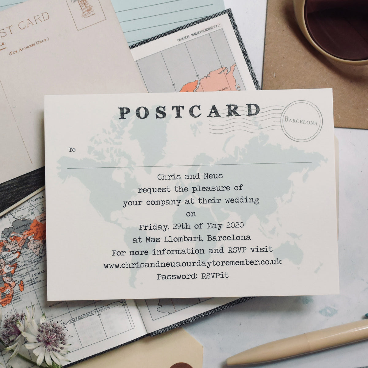 TRAVEL INSPIRED WORLD MAP WEDDING INVITATION